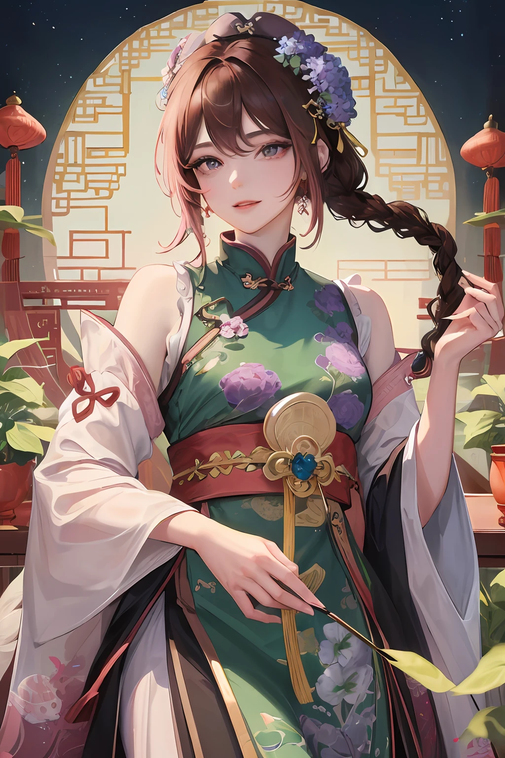 Masterpiece, best quality, night, full moon, 1 girl, mature woman, Chinese style, ancient China, elder sister, imperial sister, smile, brown hair, princess cut, single Fried Dough Twists braid, coiled hair, double ball head, light pink lips, calm, intellectual, middle hair, green pupil, hairpin, hydrangea,