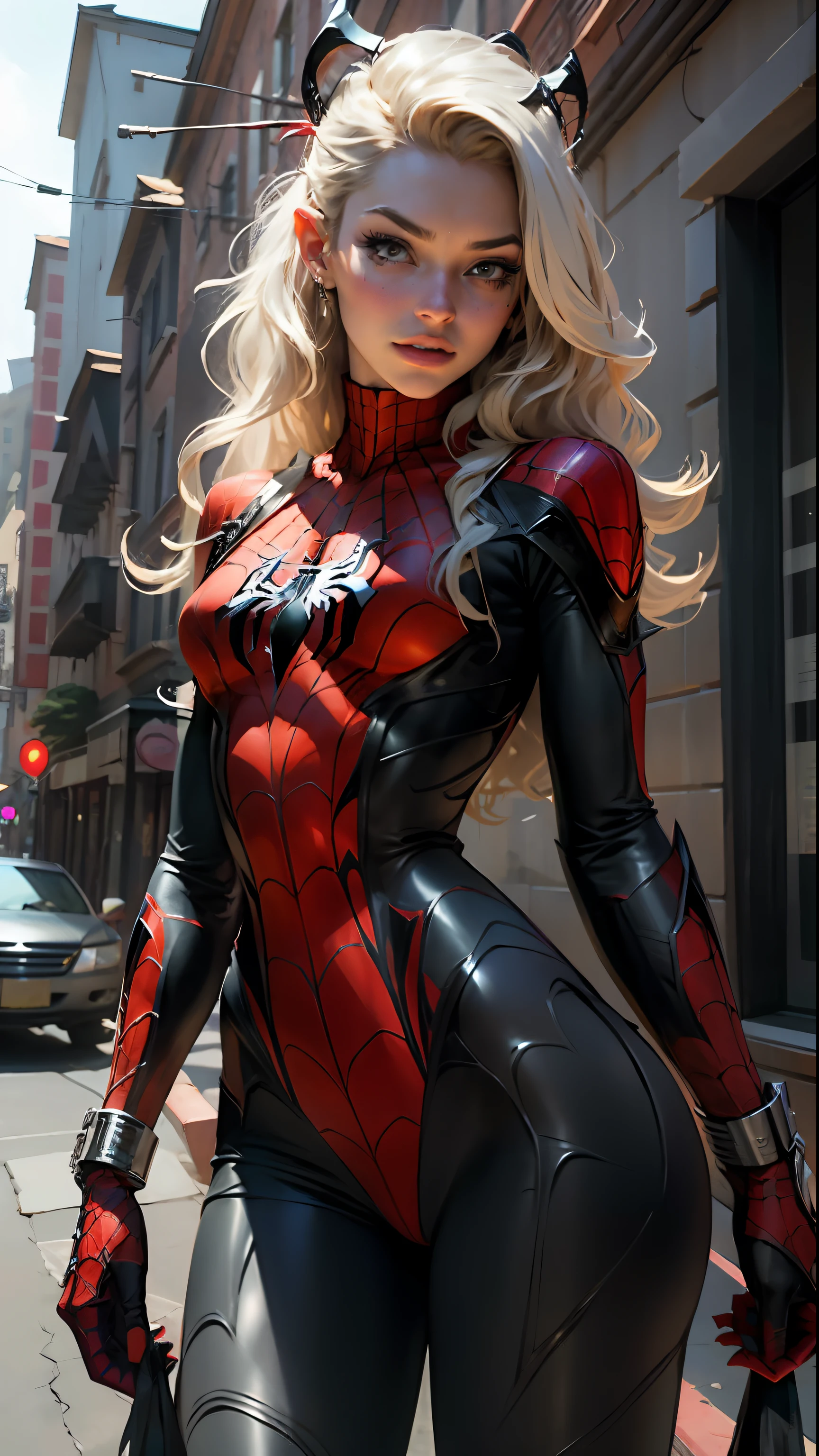 Beautiful woman detailed defined body using spider man cosplay, small breasts