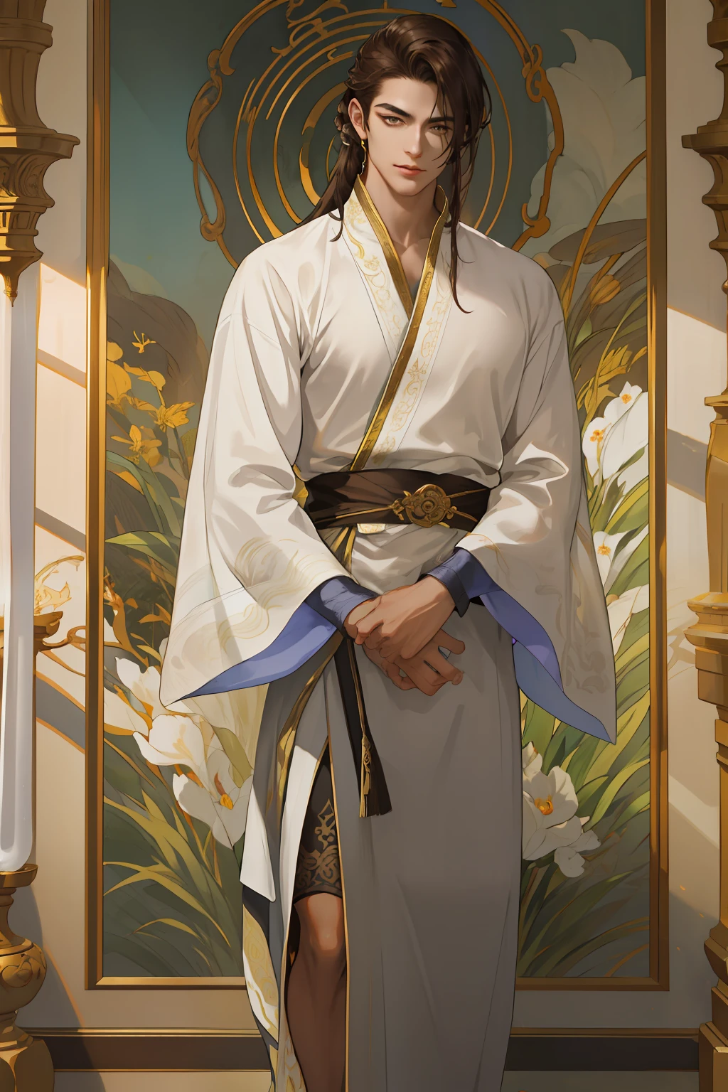 masterpiece, best quality, 1 male, bronze skin, square face, striking eyebrows, elongated lifeless eyes, dark brown irises, brown hair fading to milky white, floor-length straight hair, side-swept bangs, styled in a chignon, extremely high resolution, capturing facial details and bronze skin tone, soft lighting and muted tones, emphasizing an aura of mystery and elegance, incorporating elements of oriental fantasy, fusing the male's individuality and mystique into one, an artistic portrait conveying oriental fantasy's mystique and beauty, cinematic lighting, dramatic lighting, high resolution