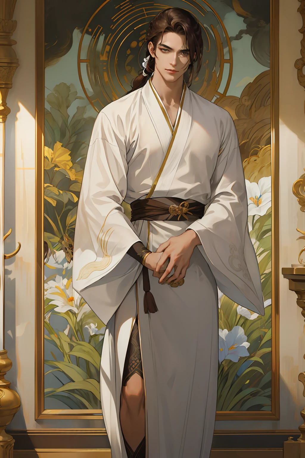 masterpiece, best quality, 1 male, bronze skin, square face, striking eyebrows, elongated lifeless eyes, dark brown irises, brown hair fading to milky white, floor-length straight hair, side-swept bangs, styled in a chignon, extremely high resolution, capturing facial details and bronze skin tone, soft lighting and muted tones, emphasizing an aura of mystery and elegance, incorporating elements of oriental fantasy, fusing the male's individuality and mystique into one, an artistic portrait conveying oriental fantasy's mystique and beauty, cinematic lighting, dramatic lighting, high resolution
