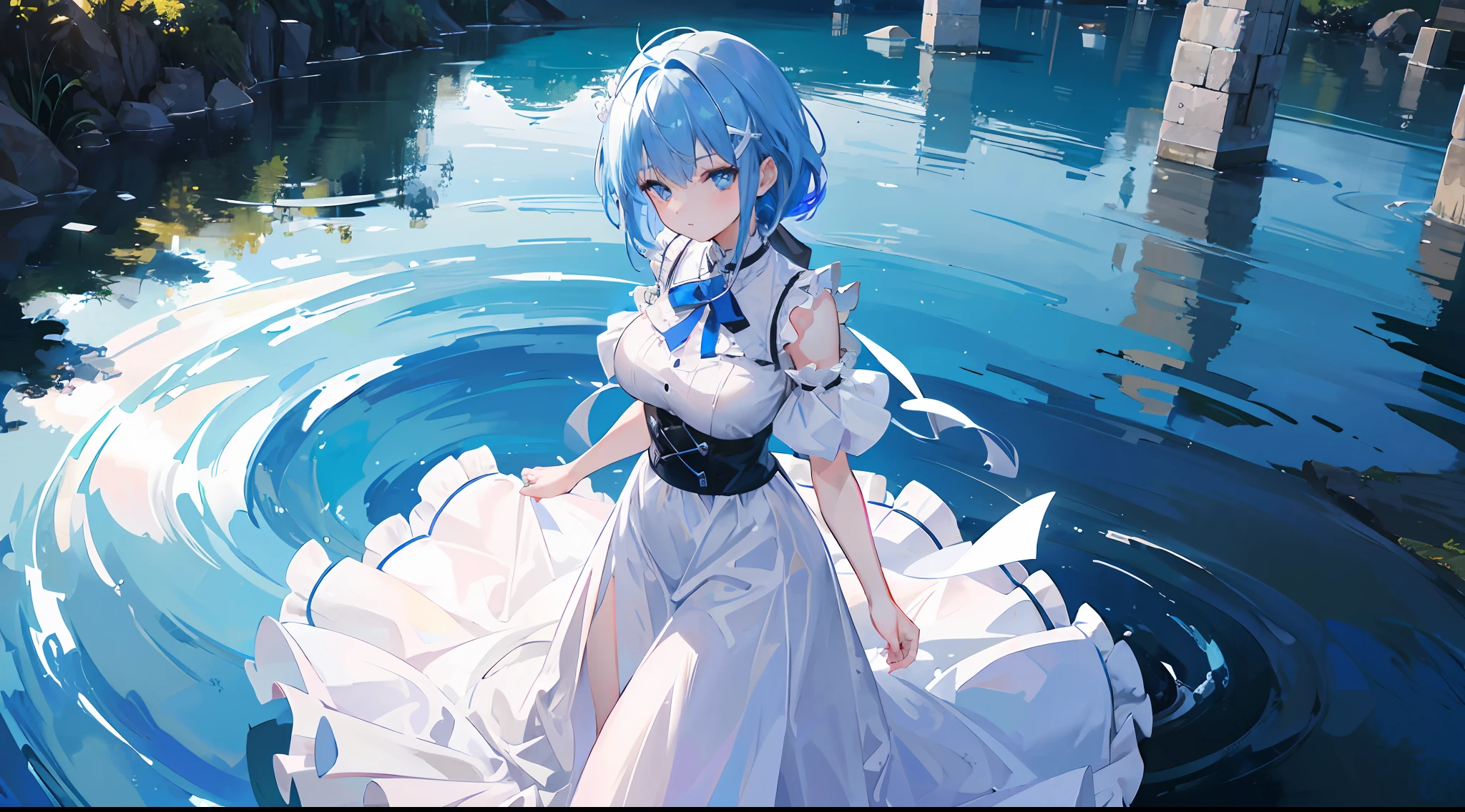 1girl, blue hair, white eyes, wearing a long skirt, backyard, absurdres, high res, ultrasharp, 8K, masterpiece, looking at viewer, reflection from a water puddle, beautiful eyes