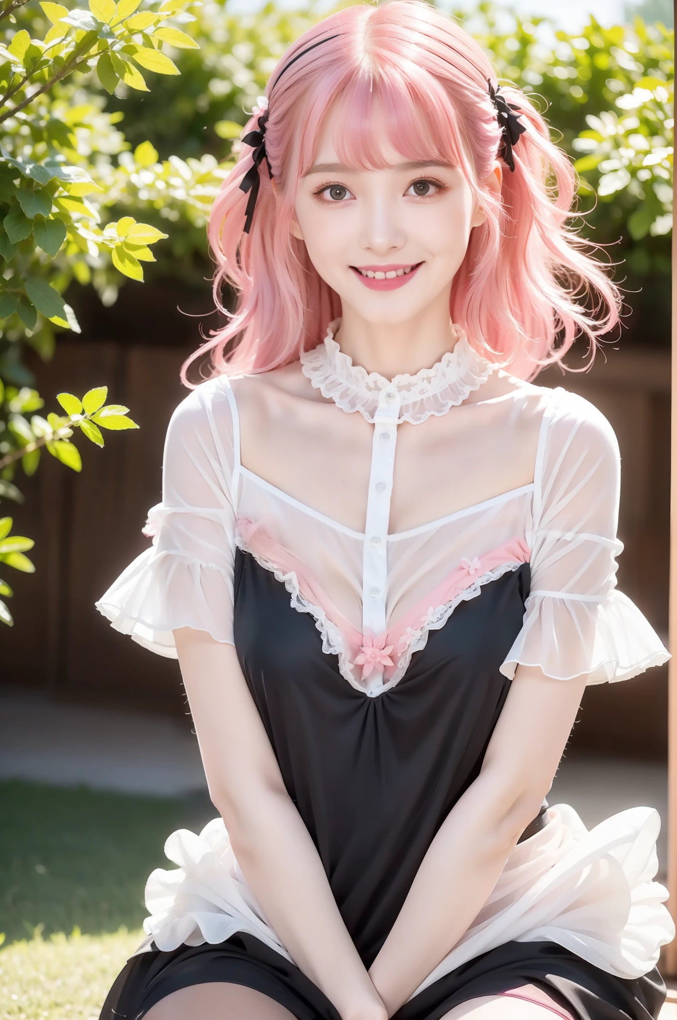 8k resolution, high resolution, single, girl, fair skin, big eyes, long eyelashes, sweet silkworm, deep eyes, lipstick, smile, ((pink hair)), messy hair, hair details, face details, ((white slip shirt)), ((black dress)), summer sun, nature, cute little animals, cute girl, silly cute, girly, white tights