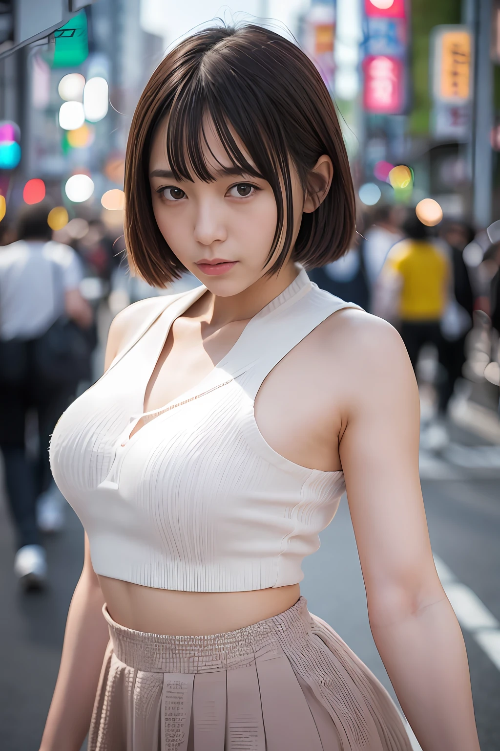 Ultra top quality, masterpiece, ultra high resolution, (photorealistic: 1.4), highly detailed CG Unity 8k wallpaper, detailed and complex, original, high resolution, raw photos, (perfect body shape), finely complex, DSLR, soft lighting, high quality, film grain, depth of field, Leica camera, 50mm lens, backlight, HDR, hyperrealistic, color grade, dynamic pose, portrait, Japan person, smile, lips, short hair, bangs, (crowded Akihabara: 1.2), front view viewer, natural light, girl, 20 years old, full body, solo, student, high school, uniform, sailor color, bobby socks, pleated skirt, daytime, street, deep shadow, cute, beauty, modest, cold light 12000K\\ street, store state, Akihabara, Shinjuku, Shibuya, Ikebukuro, detailed realism, skin texture, super detailed, realistic skin texture, (dramatic, award-winning photos, incredible masterpieces: 1.3)