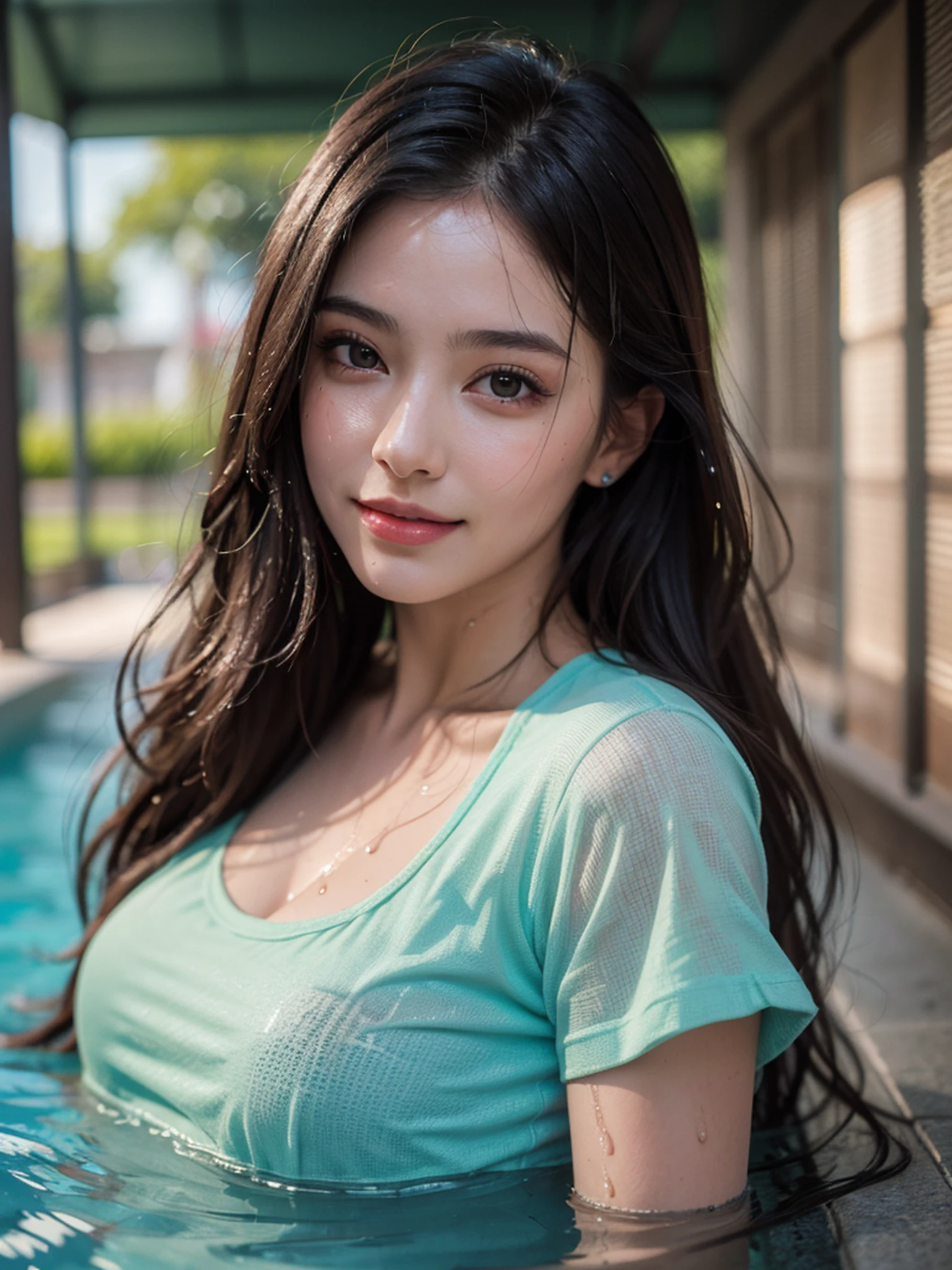(best quality, masterpiece, ultra high res, raw:1.2) ,(photorealistic:1.4), (wet),Beautiful woman, standing, poolside, T-shirt, ultra-detailed face, detailed eyes, highly detailed lips, light smile