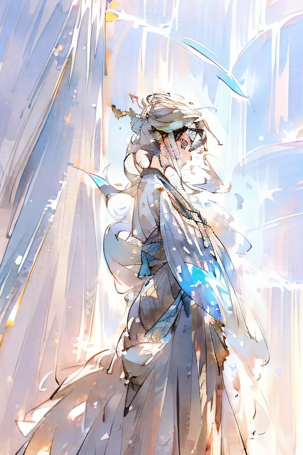A white-haired girl sat on the edge of a cliff,A fresh breeze,With a royal sword。She stood in front of a huge waterfall,Splashes,Form a beautiful rainbow。Surrounded by mountains,surrounded by cloud,Homem-Imponente。Her expression was full of confidence and determination,As if gazing into the unknown in the distance