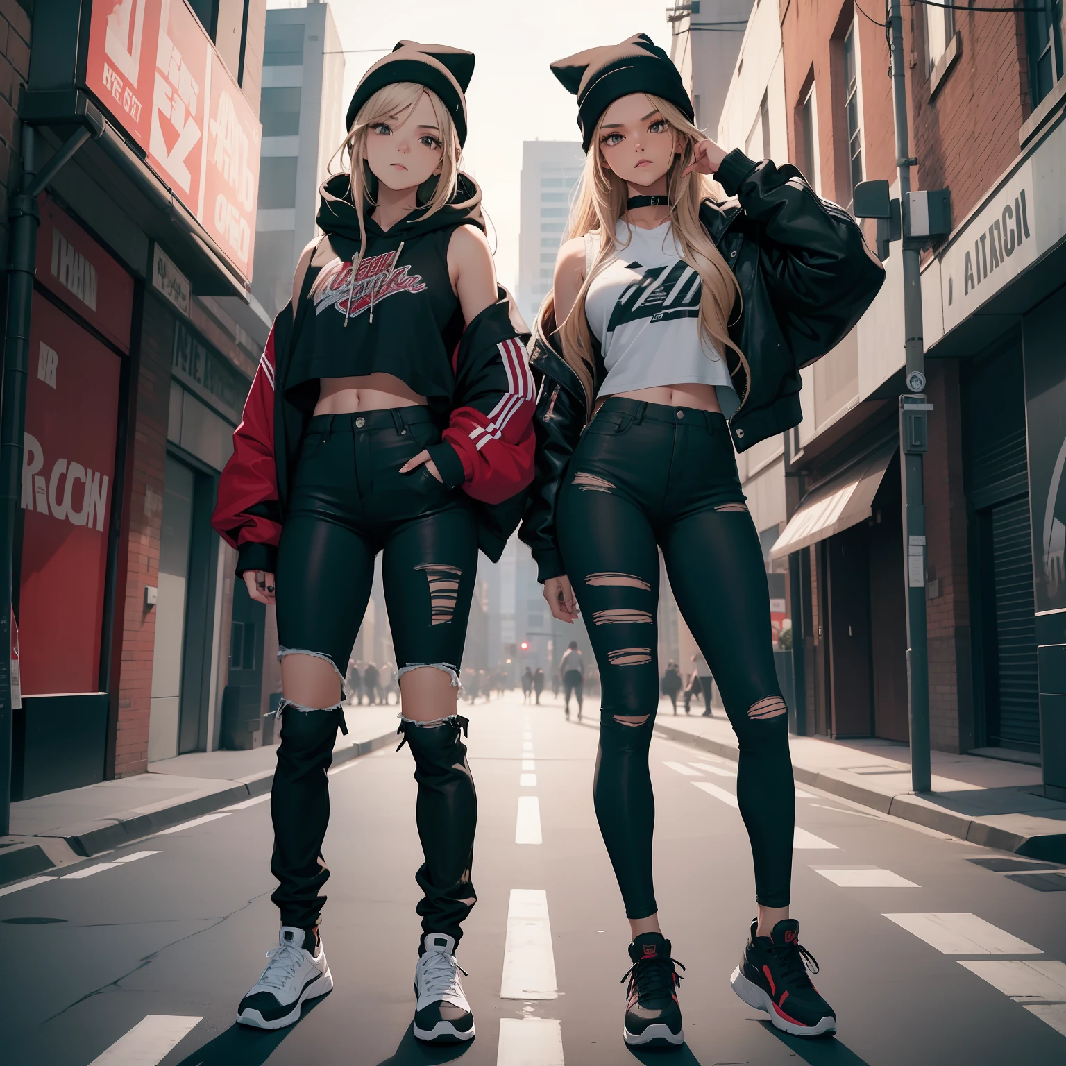 (masterpiece, best quality, ultra HD, 8k, wallpaper), cinematic view, full body view, front view, perfect body, perfect anatomy, curvaceous, alluring, perfect hands, perfect eyes, detailed eyes, large breasts, long round legs, round ass, a dynamic duo of street dancers, stand ready for an electrifying street dance competition, dancer 1 exudes a modern edge, clad in high-quality black ripped skinny jeans paired with a fitted maroon bomber jacket over a graphic-print, vintage-style white t-shirt, their classic white sneakers are a fusion of comfort and style, with a black beanie pulled low, dancer 1 emanates streetwise cool, on the other side, dancer 2 embodies contemporary flair in an all-black ensemble – jogger pants tapering at the ankles, a sleeveless black hoodie with subtle geometric accents, and sleek black sneakers with subtle texture, both dancers share a candid moment, leaning against an industrial brick wall, their postures reflecting a mix of self-assuredness and partnership, as twilight descends, they're poised to unleash their artistry, captivating bystanders and infusing the urban backdrop with their undeniable energy and rhythm