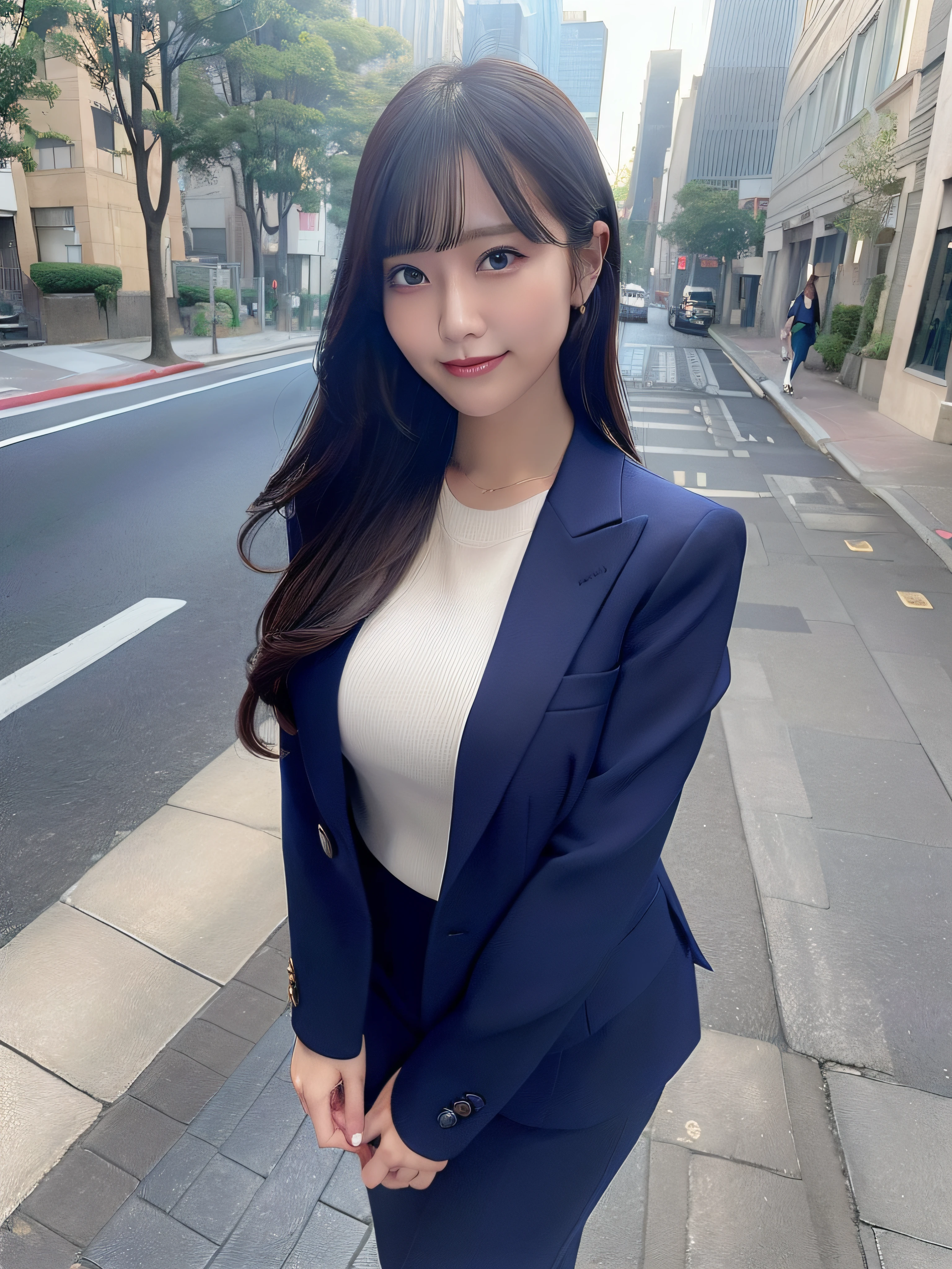 Woman wearing office casual、In the street、The chest is open、Navy blue jacket、high-heels、fullllbody、top-quality、ultra-detailliert、超A high resolution、(Photorealsitic:1.8)、Saika 1、Erotic face、looking at the viewers、a smile、natural soft light、huge tit
