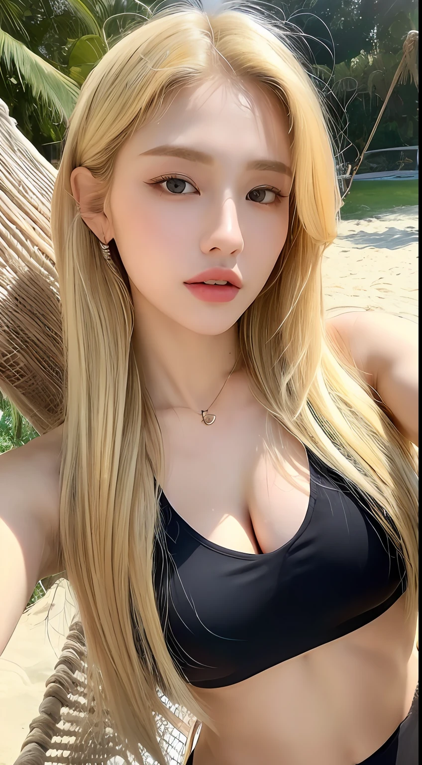 ((Best quality, 8k, Masterpiece :1.3)), A pretty woman with perfect figure :1.4, Slender abs :1.3, ((blonde hair, Big breasts :1.2)), Summer outfit, Lying on hammock, Hammock, At the beach:1.2, Highly detailed face and skin texture, Detailed eyes, Double eyelid