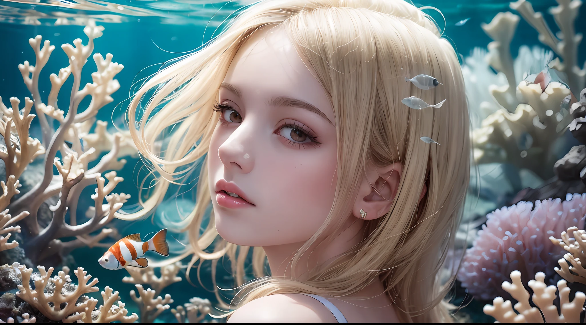 highest quality, masterpiece, every detail, solo, high_res,1 beautiful girl calm down in the sea, not looking at the viewer, white coral, seaweed, clownfish, pretty, milky beige hair, body standard, center, hair decoration, pretty face, light makeup, Tyndall effect, realistic photo, bright studio, realistic artistic lighting, perfect color, clarity, rear angle girl, under the sea, clear, detail, blue sea water, wet glossy body, (high detail skin: 1.2), 8k uhd, dslr, studio lighting, high quality, photo, resolution high resolution, 8k, bokeh effect.