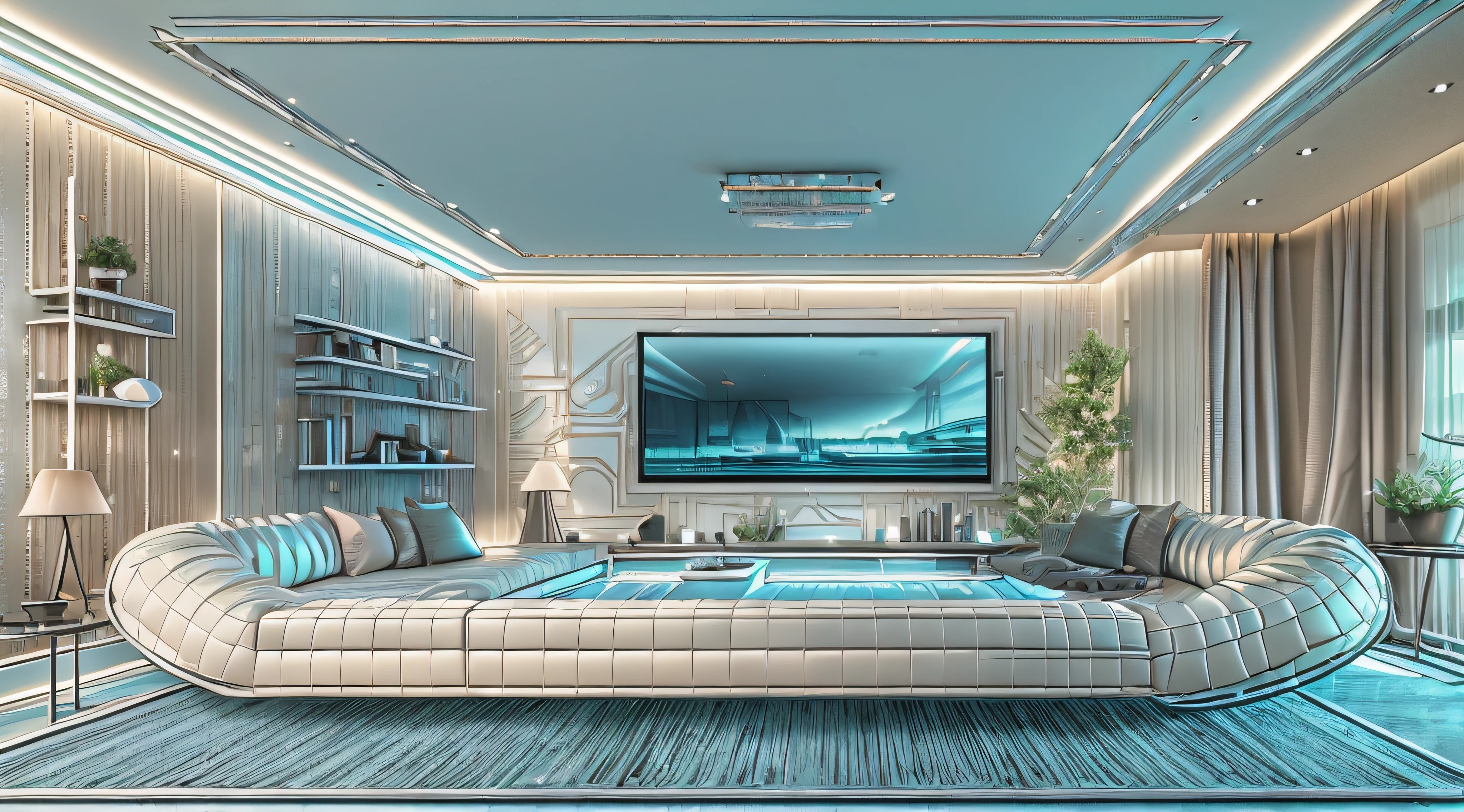 offcial art，Masterpiece, Best quality, Ultra-high resolution, Extremely detailed, Award-winning paintings，Futuristic interior design for ultra high resolution photography, This is the living room of the future 100 years from now，minimal style，A sense of future technology，(Ultra-detailed CG unified 8K wallpaper)，Dream sunken living room，Mechanical sofa combination，Steel floor，High-tech lighting and interiors，Not too many rows are needed，Minimalism，There is potted greenery in the living room，Bright living room，Light blue light，Natural light，Bauhaus furniture and décor，Extremely detailed，high ceiling, metalictexture，The walls are macaron pink，Flat walls，The furniture part of the house is Tiffany blue，Silver gray, White luster，Glossy black，The color palette is randomly matched perfectly，Mechanical lights， Interior Design Magazine，High-quality 3D rendering，Cozy atmosphere，真实感，realisticlying，Realistic photographic blockbusters