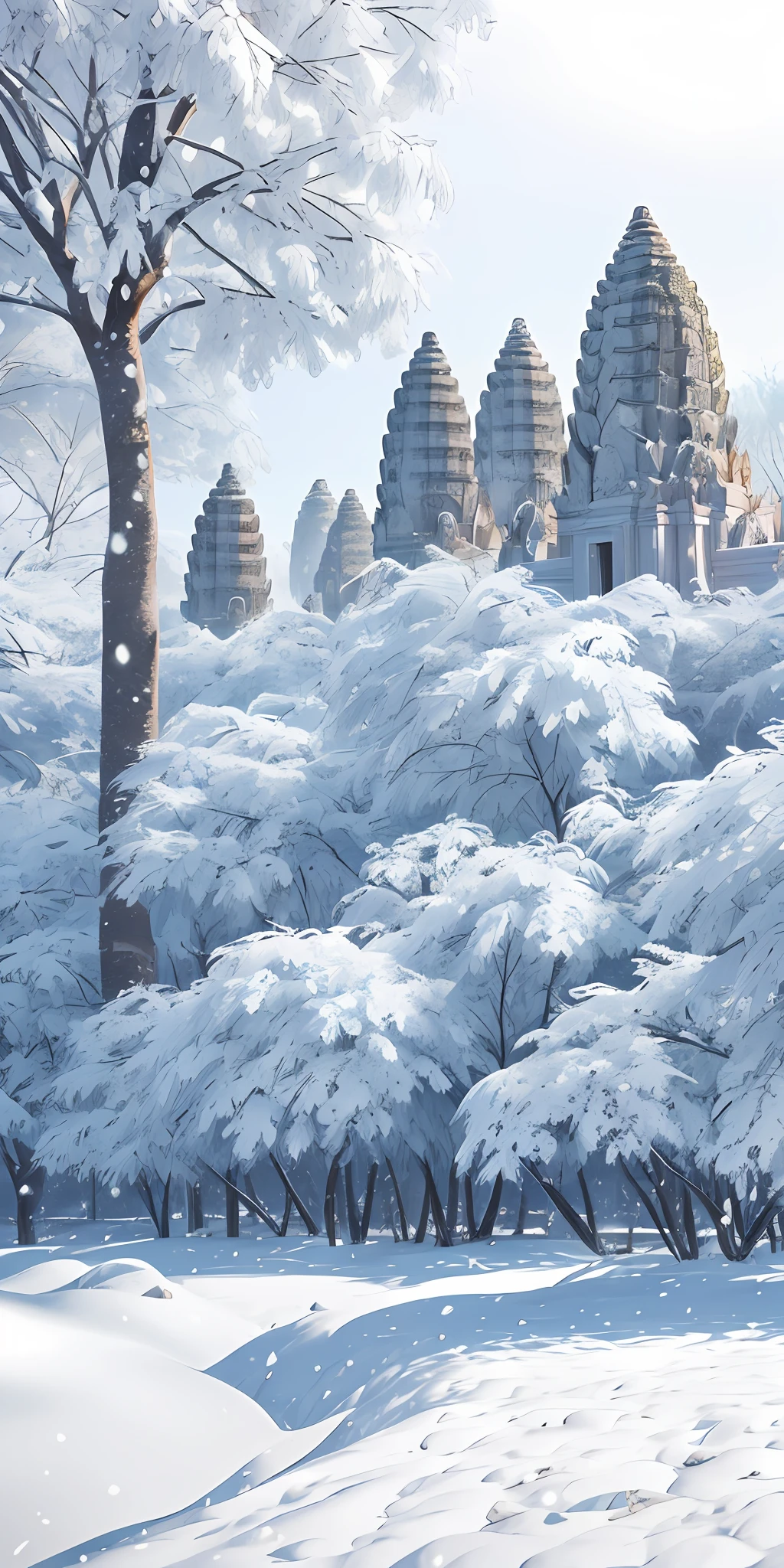 Angkor wat of Cambodia in A jungle, with intense snowfall, monochromatic, vines all around, giant and snow trees, masterpiece, best quality, high quality, extremely detailed CG unity 8k wallpaper, oil paiting, award winning photography, Bokeh, Depth of Field, HDR, bloom, Chromatic Aberration ,Photorealistic,extremely detailed, trending on artstation, trending on CGsociety, Intricate, High Detail, dramatic, art by midjourney, volumetric lighting --auto --s2