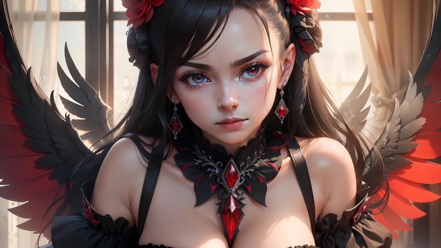 (((8k hoch detaillierte Details))), best possible quality, Meisterwerk, Beautiful elegant demon angel with majestic wings and a stunning black and red dress, imposante Krone