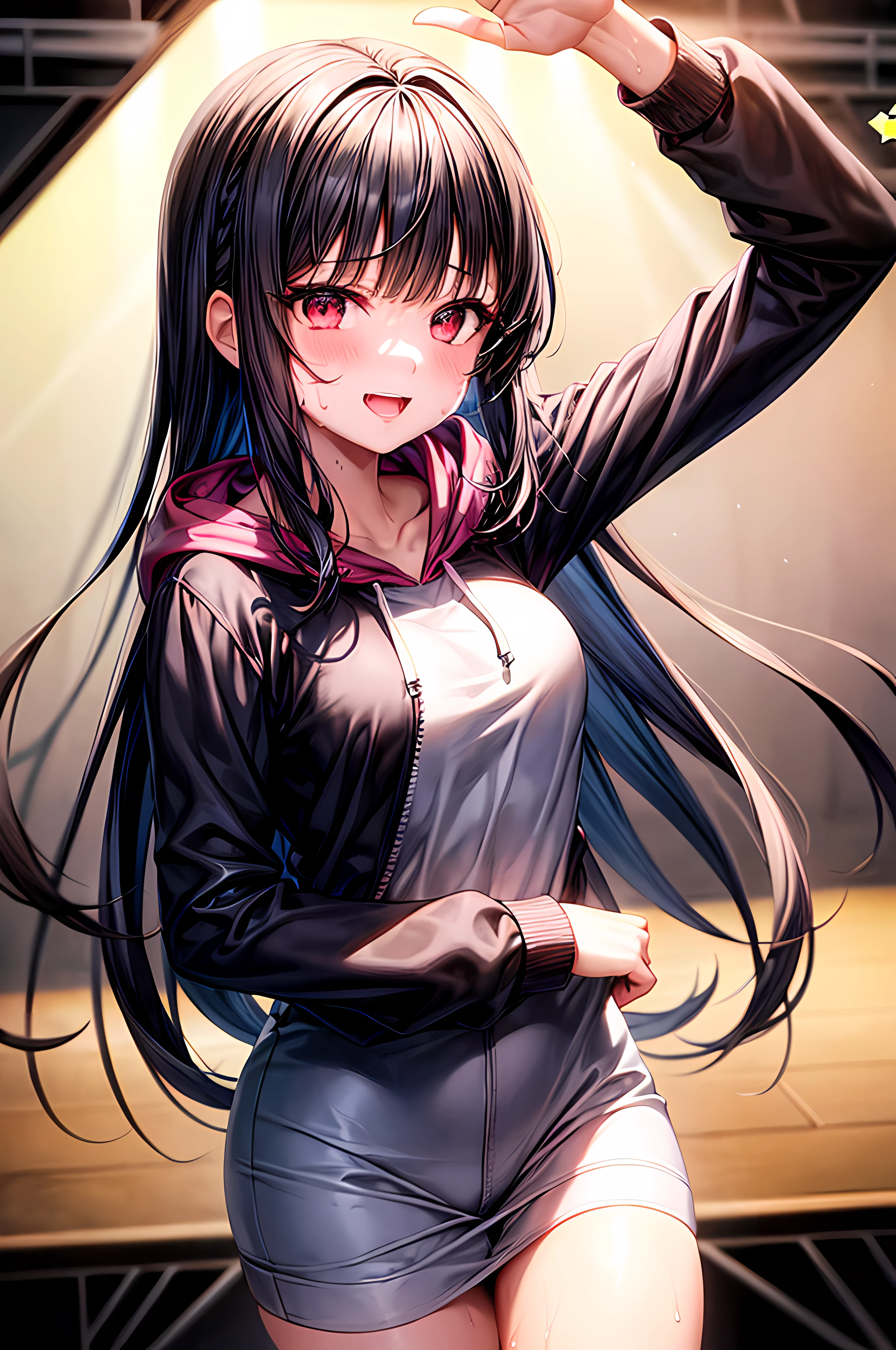 1girl, medium breasts, blue black hair, blunt bangs, long hair, red eyes, hoodie pink, sweaty body, blush, singing, stage, lighting stage, focus face, looking at the viewer, smile, add_detail:1