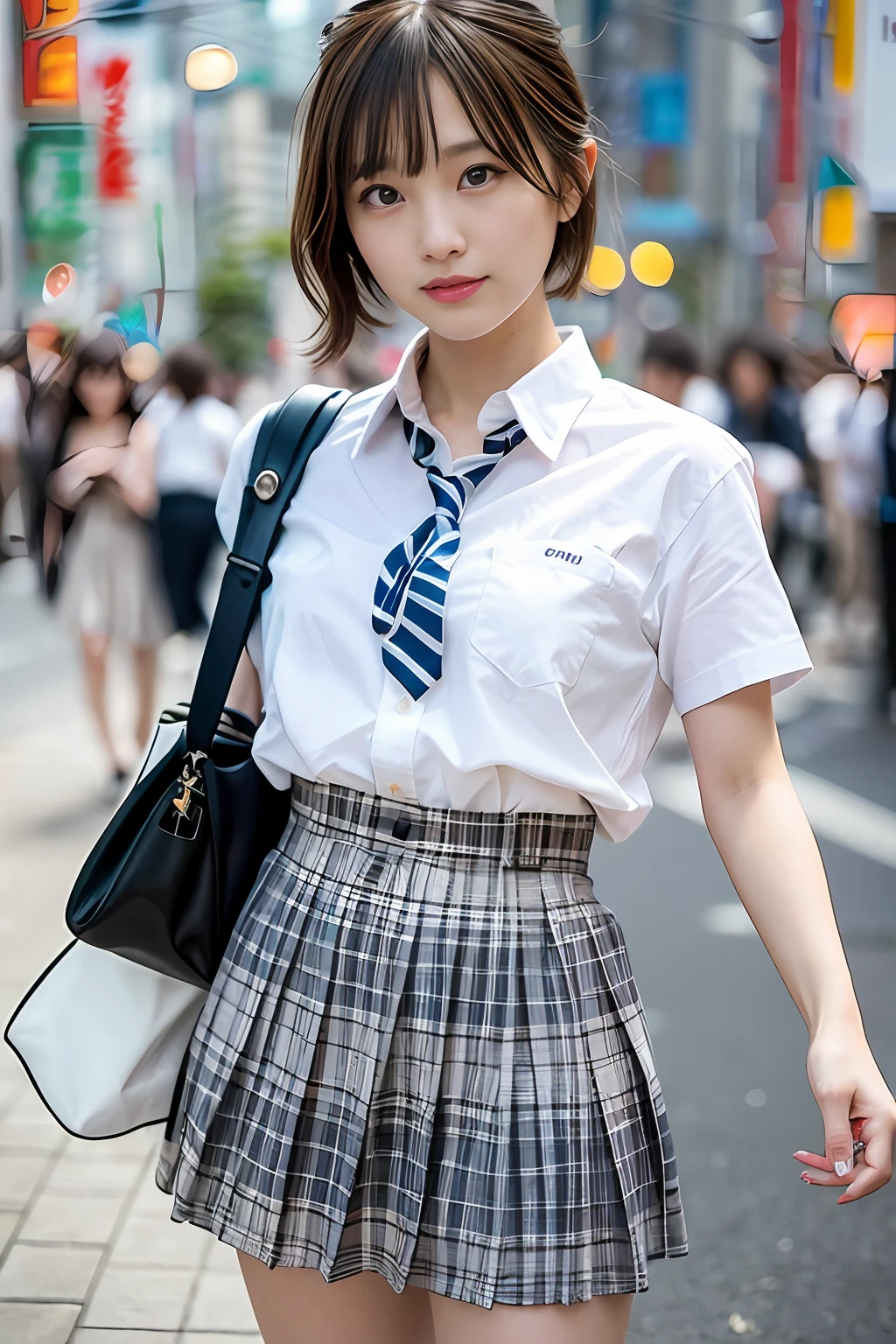 Ultra top quality, masterpiece, ultra high resolution, (photorealistic: 1.4), highly detailed CG Unity 8k wallpaper, detailed and complex, original, high resolution, raw photos, (perfect body shape), finely complex, DSLR, soft lighting, high quality, film grain, depth of field, Leica camera, 50mm lens, backlight, HDR, hyperrealistic, color grade, dynamic pose, portrait, Japan person, smile, lips, short hair, bangs, (crowded Akihabara: 1.2), front view viewer, natural light, girl, 20 years old, full body, solo, student, high school, uniform, sailor color, bobby socks, pleated skirt, daytime, street, deep shadow, cute, beauty, modest, cold light 12000K\\ street, store state, Akihabara, Shinjuku, Shibuya, Ikebukuro, detailed realism, skin texture, super detailed, realistic skin texture, (dramatic, award-winning photos, incredible masterpieces: 1.3)