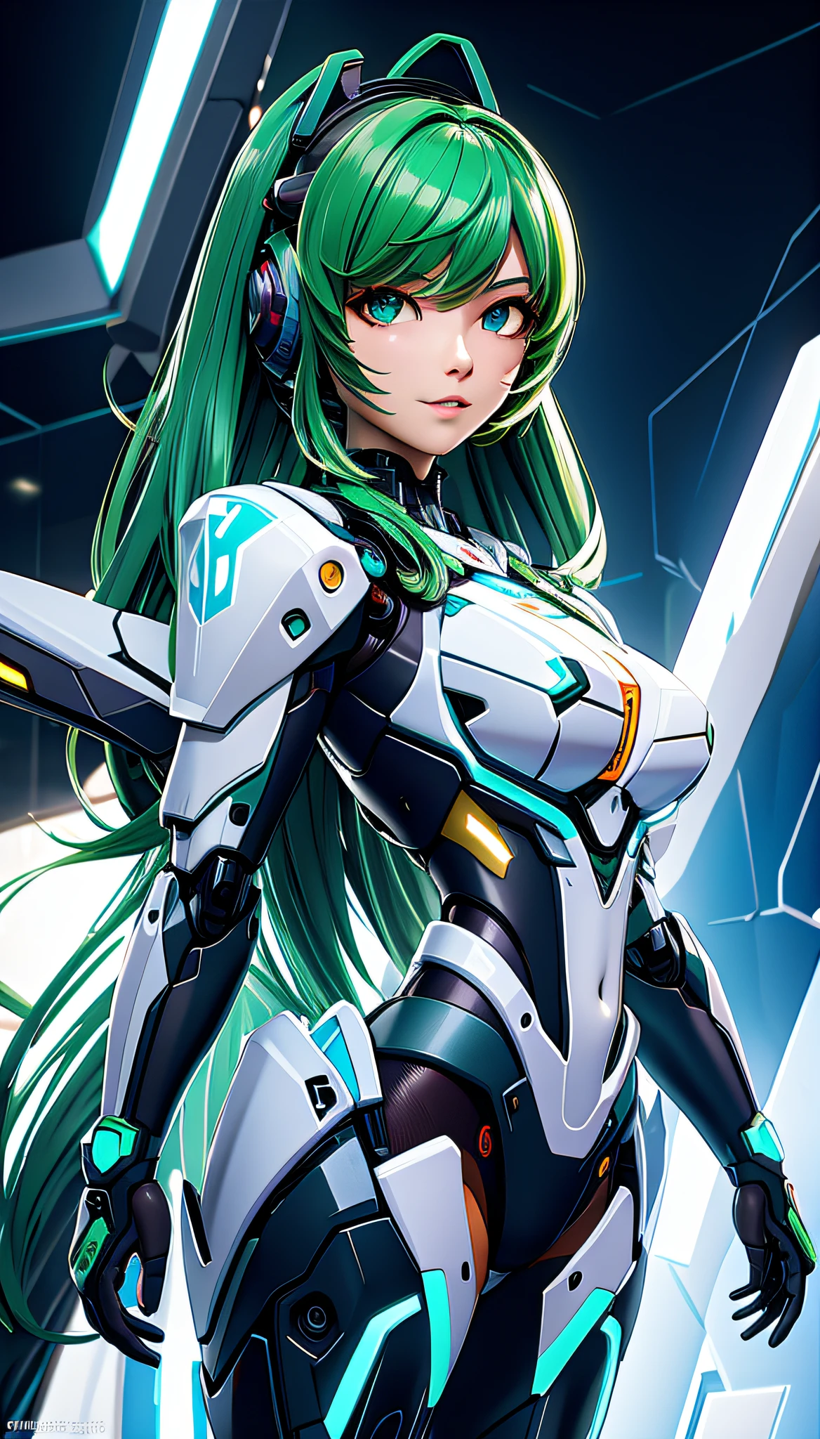 ((master part)), melhor qualidade, (8k, melhor qualidade, obra-prima: 1.2), ultra-detalhado, illustration, belos olhos detalhados, belo cabelo detalhado, ((corpo inteiro)), 1girl, solo, mecha, mecha_musume, ciborgue, cool_movement, cabelo verde, cidade, cyberpunk,3d