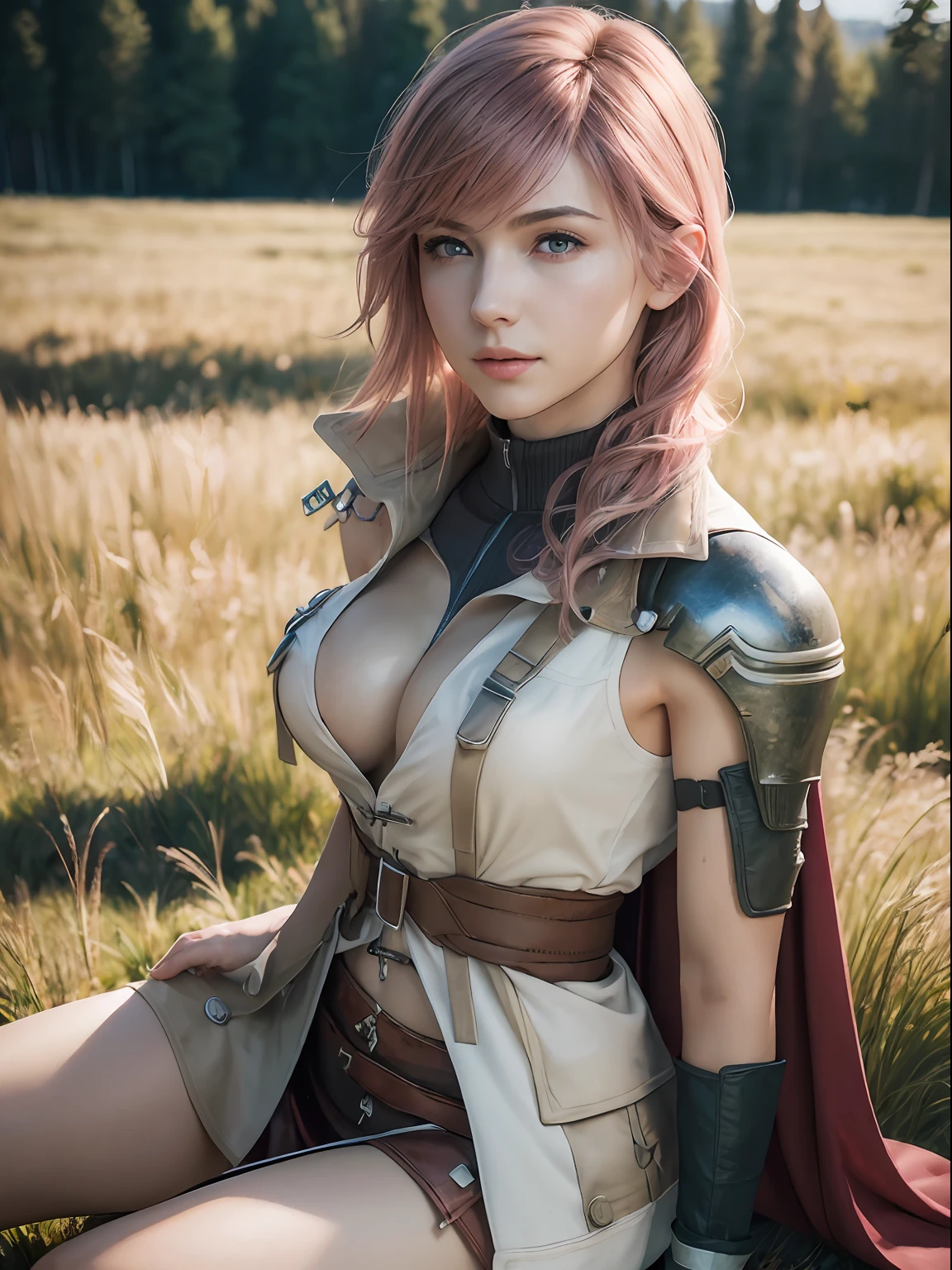 (masterpiece, best quality:1.4), (sitting:1.5), (full body shot), (1girl, solo:1.5), (european youth:1), lightning farron, sleeveless, shoulder armor, cape, skirt, fingerless gloves, looking at viewer, (soft pink hair:0.5), sexy smile, beautiful face, highly detailed face, highly detailed skin, skin pores, in a field, subsurface scattering, realistic pupils, medium breast, full face blush, full lips, detailed background, depth of field, volumetric lighting, sharp focus, absurdres, realistic proportions, good anatomy, (realistic, hyperrealistic:1.4), 16k hdr,