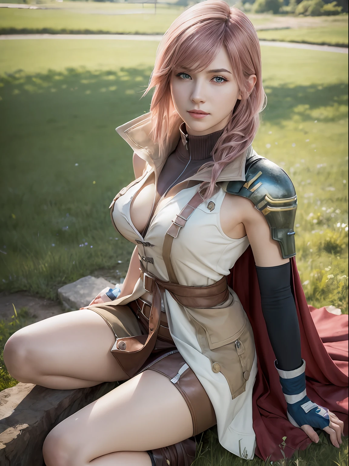 (masterpiece, best quality:1.4), (sitting:1.5), (full body shot), (1girl, solo:1.5), (european youth:1), lightning farron, sleeveless, shoulder armor, cape, skirt, fingerless gloves, looking at viewer, (soft pink hair:0.5), sexy smile, beautiful face, highly detailed face, highly detailed skin, skin pores, in a field, subsurface scattering, realistic pupils, medium breast, full face blush, full lips, detailed background, depth of field, volumetric lighting, sharp focus, absurdres, realistic proportions, good anatomy, (realistic, hyperrealistic:1.4), 16k hdr,