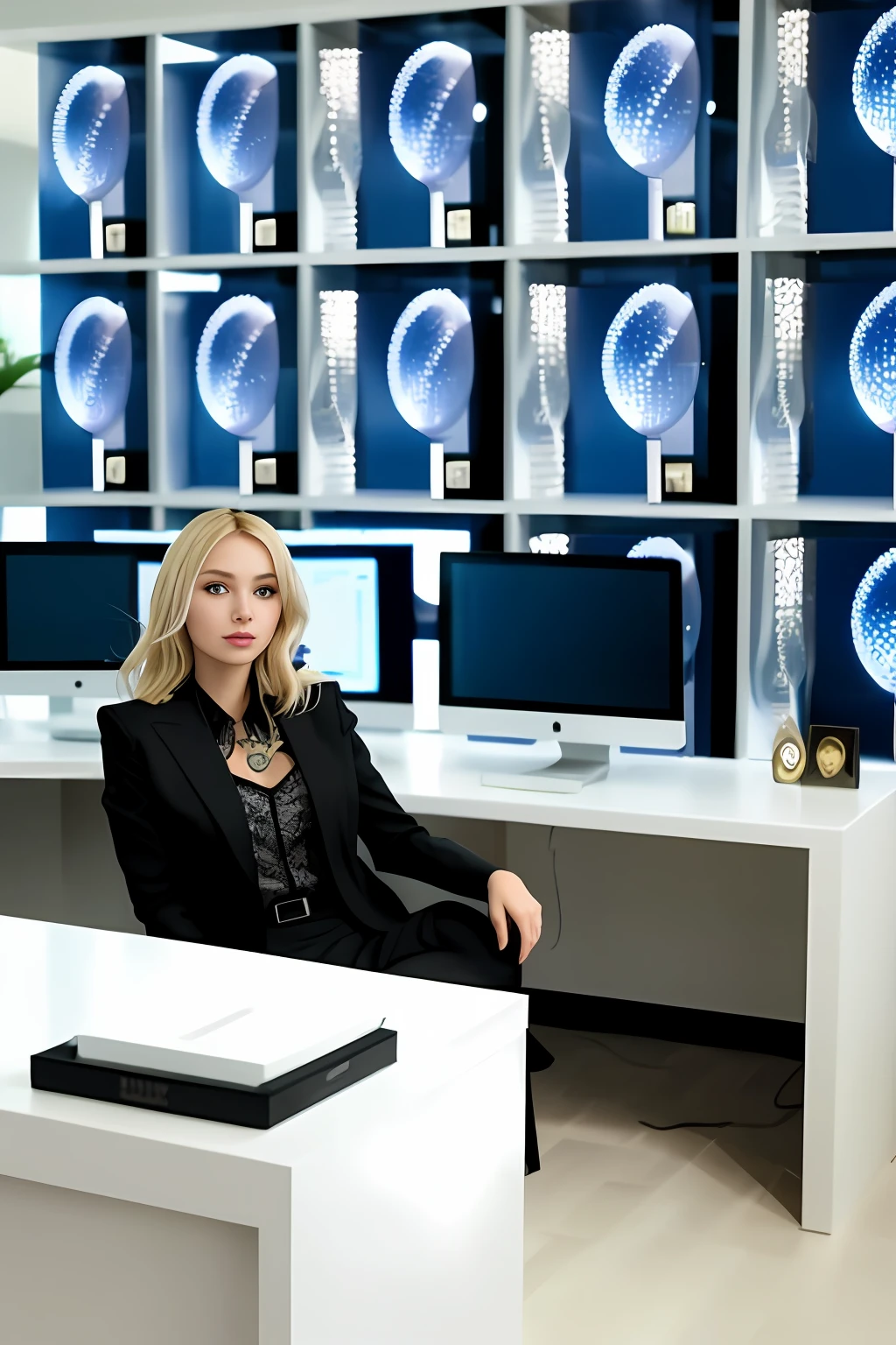 Blonde woman sitting in front of a table with several monitors, Anastasia Ovchinnikova, julia gorokhova, sofya emelenko, Yelena Belova, Olga Buzova, Alexandra Waliszewska, Cl, Alina Ivanchenko, Viktoria Gavrilenko, Taran Dasha, Moleksandra Shchaslyva