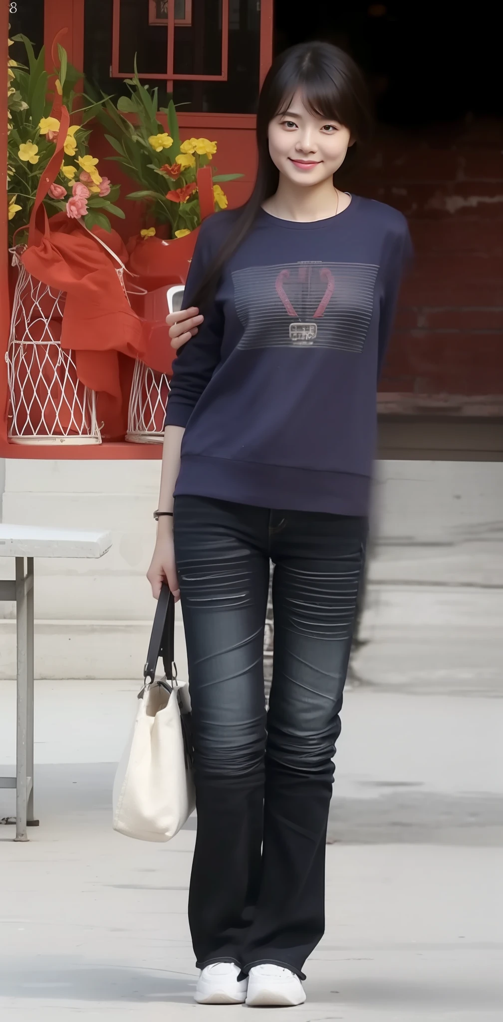 Zhu Ai_Villas,RAW photos,Brand photos,(highdetailskin:1.2),8k ultra high definition,digital SLR camera,gentlesoftlighting,high high quality,filmgrain,富士XT3,20 years old Asian woman,Wear simple clothes,T-shirt and skinny jeans,Detailed clothing details:1.3,perfect body figure,Super detailed facial details and skin,Fair and tender face and skin,二重まぶた,Super detailed eyes,Sweet smile:0.5,fully body photo