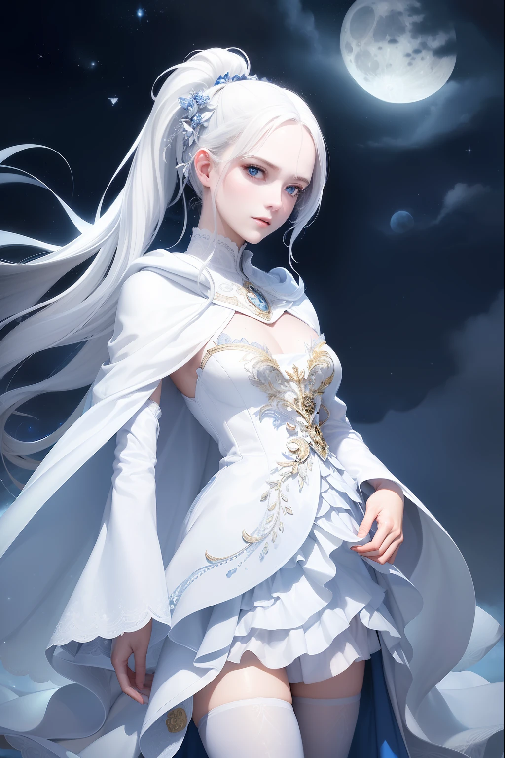 masterpiece, (best quality:1.2), (ultra-detailed:1.2), illustration, (an extremely delicate and beautiful:1.2),cinematic angle,floating, (beautiful detailed eyes:1.1), (detailed light:1.1),cinematic lighting, beautifully detailed sky, women, white hair, blue eyes, (high ponytail:1.1), cloak, glowing eyes, (moon:1.2), (moonlight:1.1), starry sky, (lighting particle:1.1), fog, snow painting, sketch, bloom
