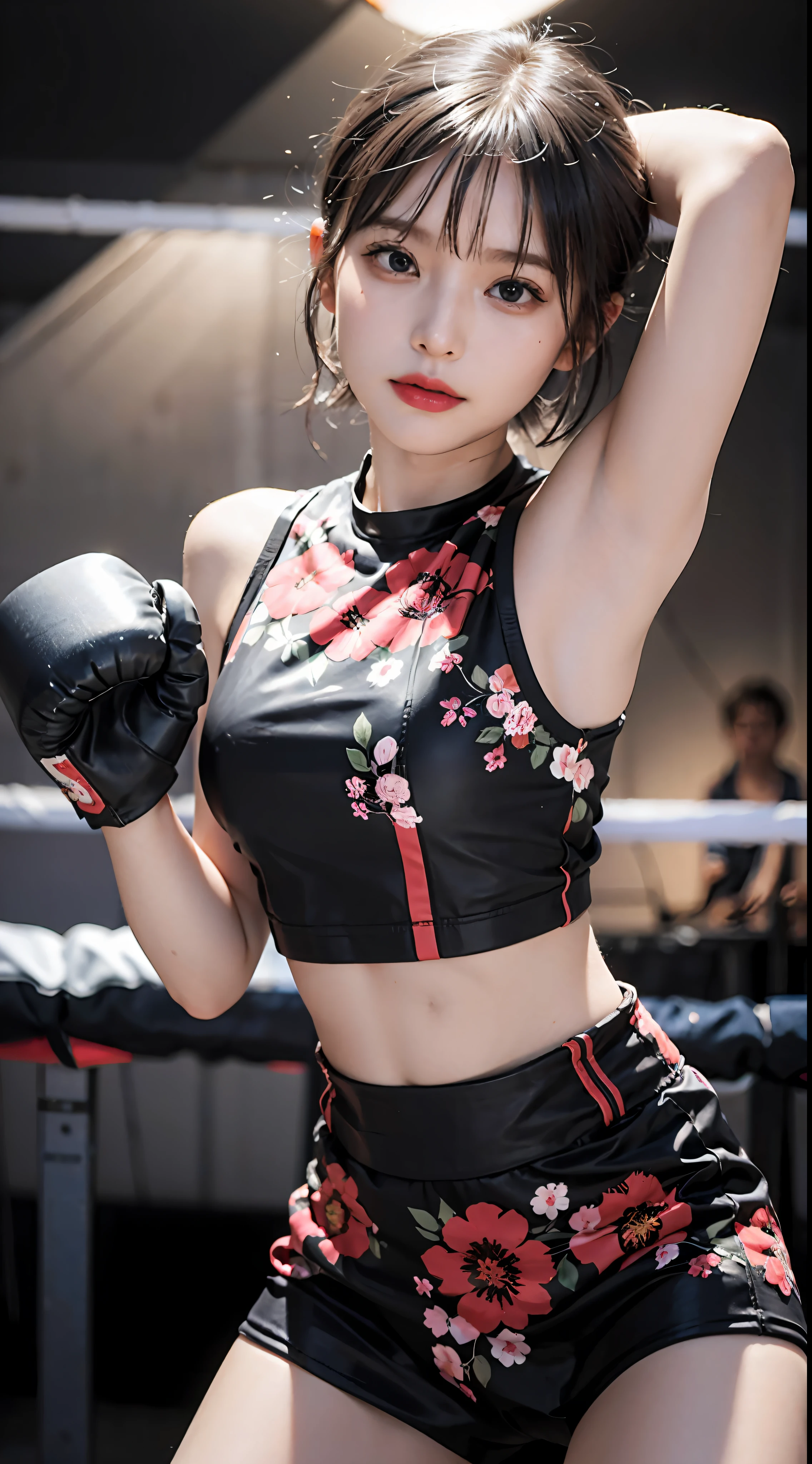 Best Quality, Very elaborate CG Unity 8K wallpapers, boxer, (Photorealsitic:2), 超A high resolution, Highly detailed, A hyper-realistic, 1girl in, (Boxing gloves), Floral pattern,  colourfull_head_hair、(((very_short_head_hair))), Short hair, Full Shot, Looking at Viewer, ((Boxing rings)),  Bright atmosphere, spot light, Detailed background