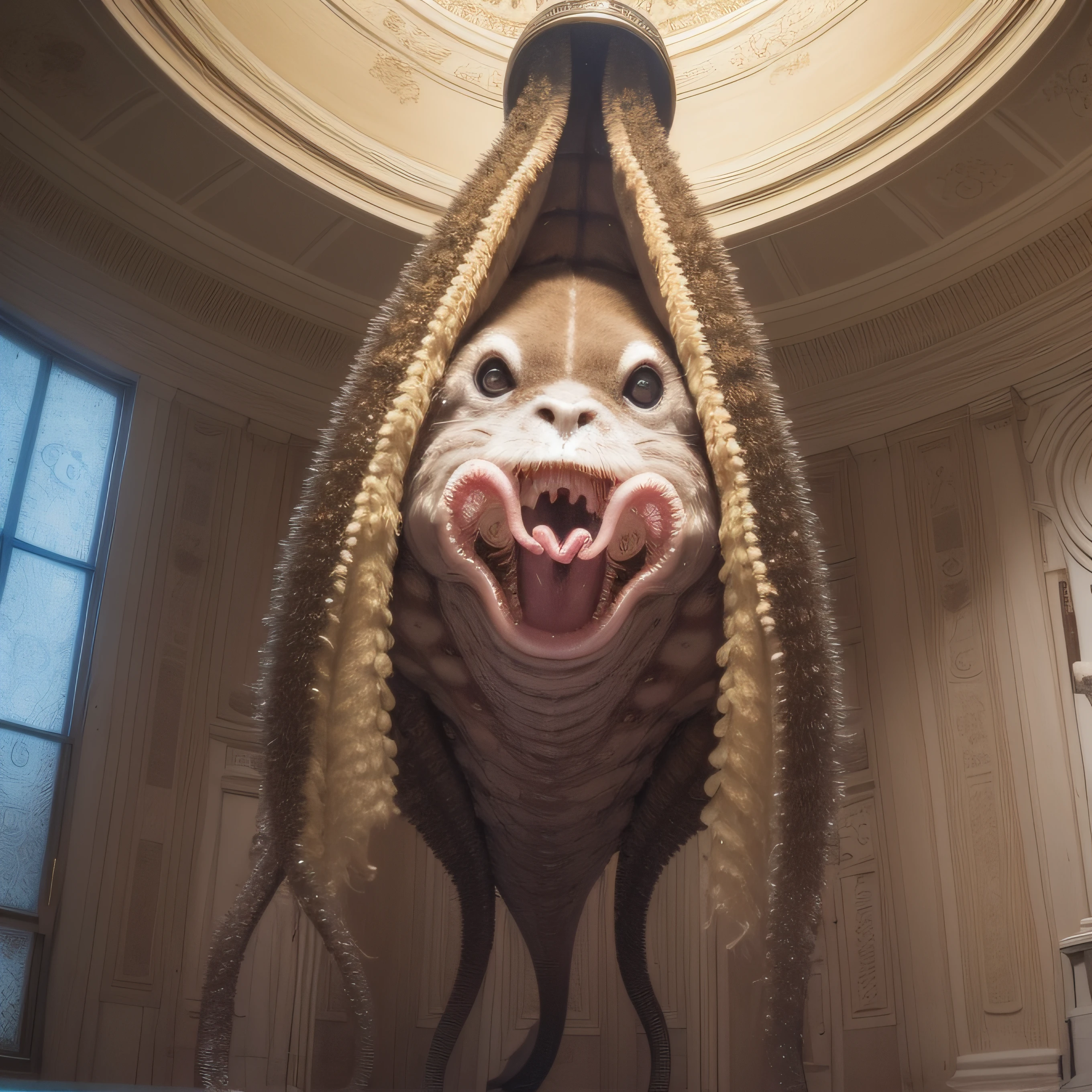 (extremadamente detallado, obra maestra, La mejor calidad), Estilo oscuro, intense illumination, rostro con arrugas, lengua larga, tentacle, deforme, monstruoso, interior de una piscina de agua verdosa, imagen submarina, alien con Colmillos finos, pico de pulpo amenazante. manchas de tinta. Rococo composition. Luz de caravaggio