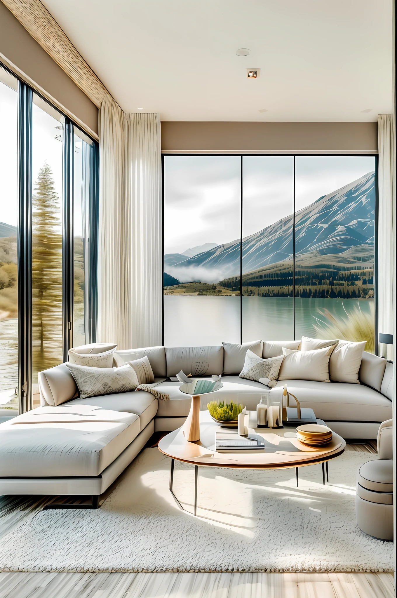 A modern living room design with a minimalist aesthetic, featuring clean lines and neutral colors, a large panoramic window overlooking a serene lake and mountains, natural sunlight illuminating the room, a cozy sectional sofa with soft throw pillows and a knitted blanket, a sleek coffee table with art books and a vase of fresh flowers, a contemporary fireplace with a crackling fire, an abstract painting on the wall, Photography, full-frame DSLR with a wide-angle lens