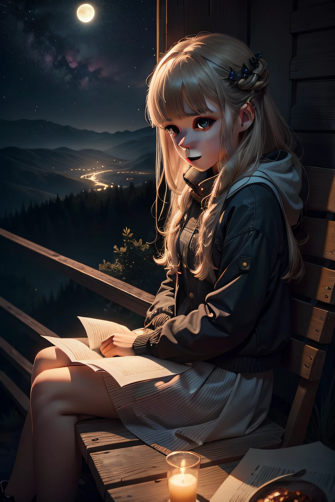 The girl sits alone on the mountain，starrysky，Full moon，Fireflies surround the girl