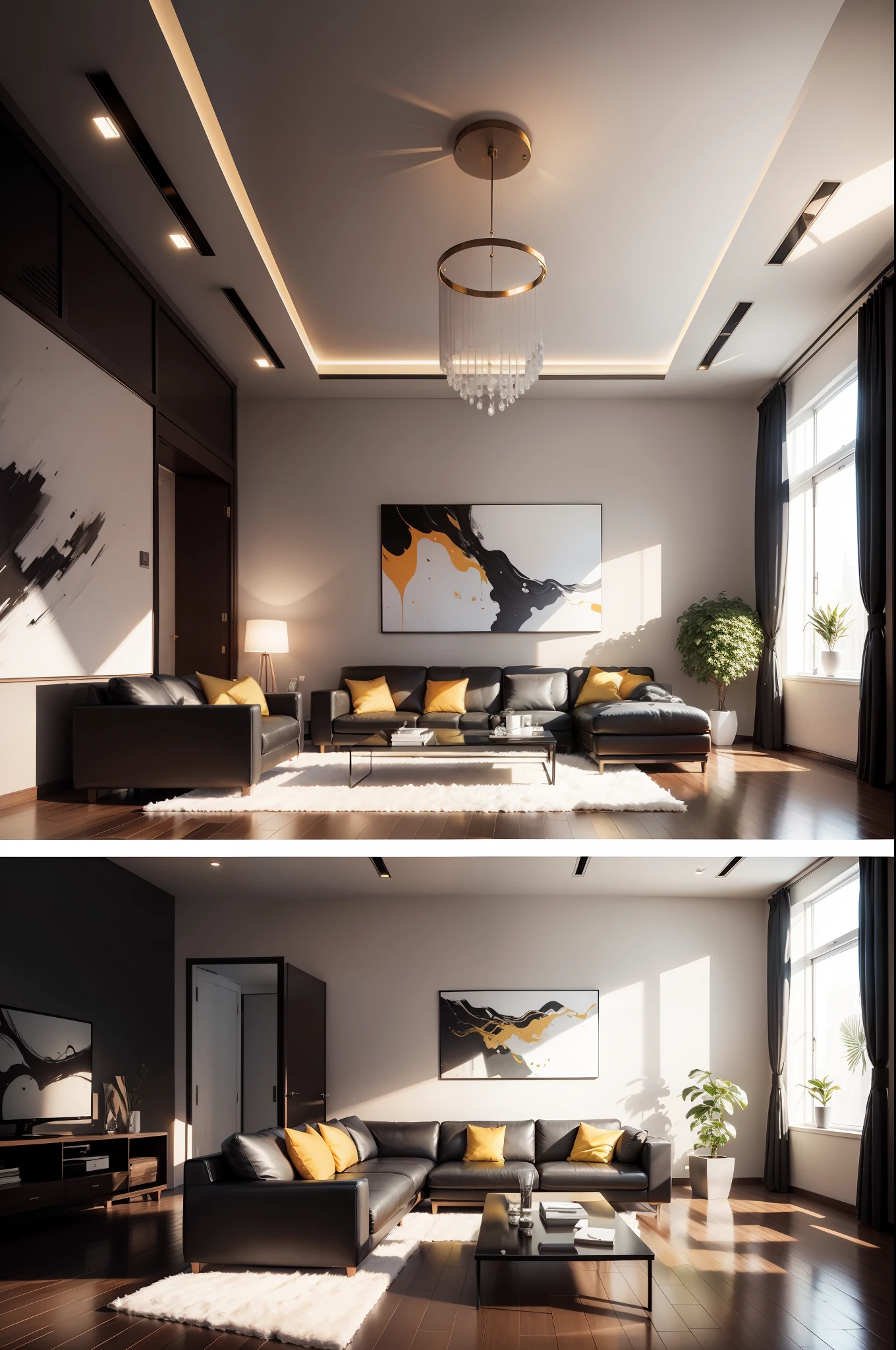 Ultra photo realsisim, tmasterpiece, best qualtiy, ultra - detailed, 超高分辨率, RAW photogr, 8K, modern living room,luxurious ambiance,A blend of minimalism and symmetry,Floor-to-ceiling windows are flooded with natural light。
Beautifully placed furniture in the center,Includes comfortable sofas and seats,Mild color。
Huge works of modern art hang on the walls,Bold colors,The artist's unique style。
The wall decoration is embellished with metal sculptures,Complement the mirrored wall,Broaden the sense of space。
Gorgeous ceiling design,The chandelier decoration is filled with warm and soft light。
The modern living room is equipped with high-tech entertainment equipment,Includes large curved TV and stereo。
The overall presentation is luxurious and comfortable,Provide the ultimate living experience