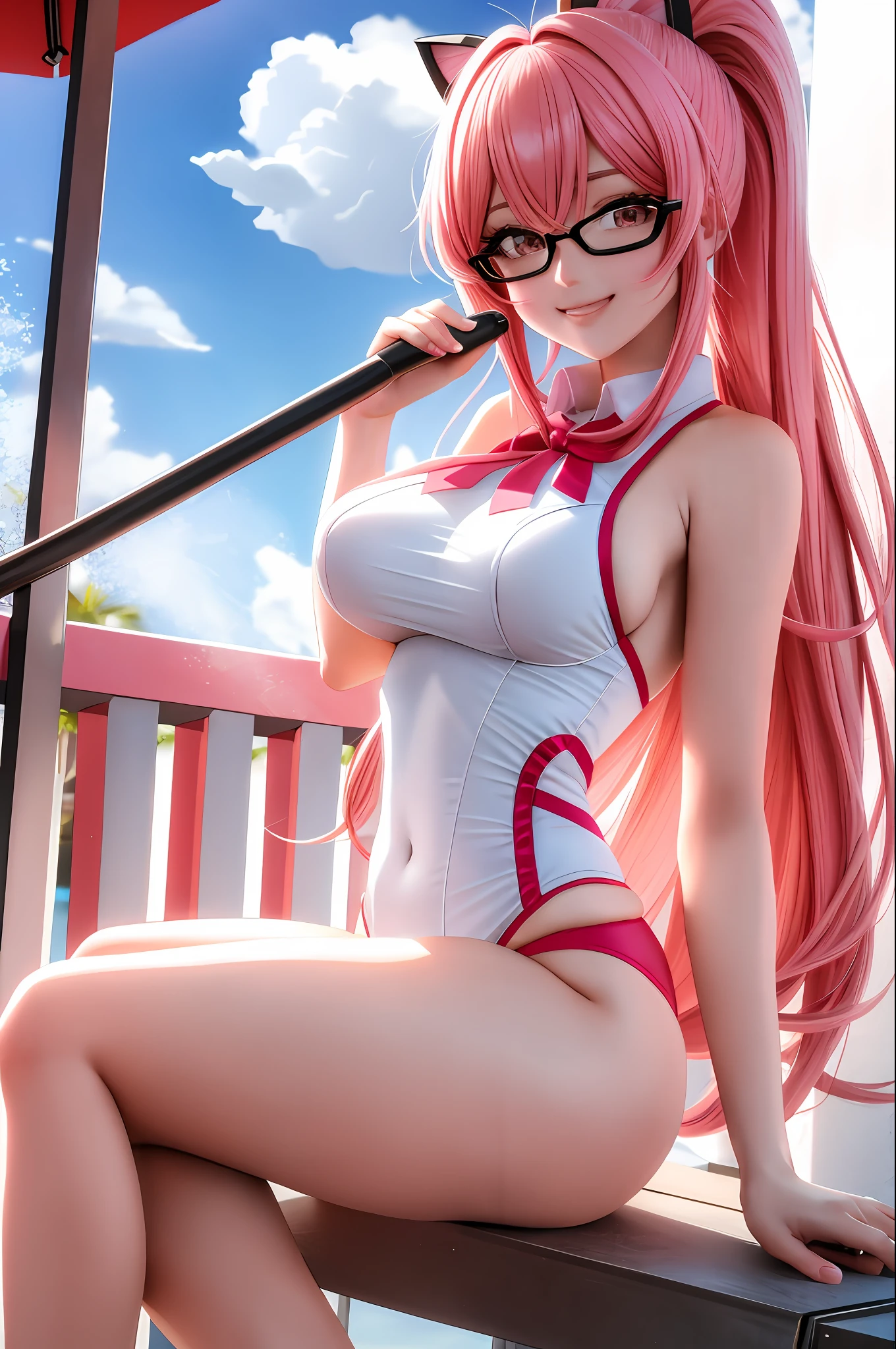 8K, (ultra - detailed), s girl，quadratic element，Pink hair，Wearing white silk，wears glasses，swimming uniform，比基尼，D-cups，Bigchest，self-expression，sitted，Drinking a juice，High ponytail，ssmile，best qualtiy，cat ear，Pink swimsuit，Pink pantchest，D-cups，(A masterpiece)，((high qulity))，((tmasterpiece))，White skin，