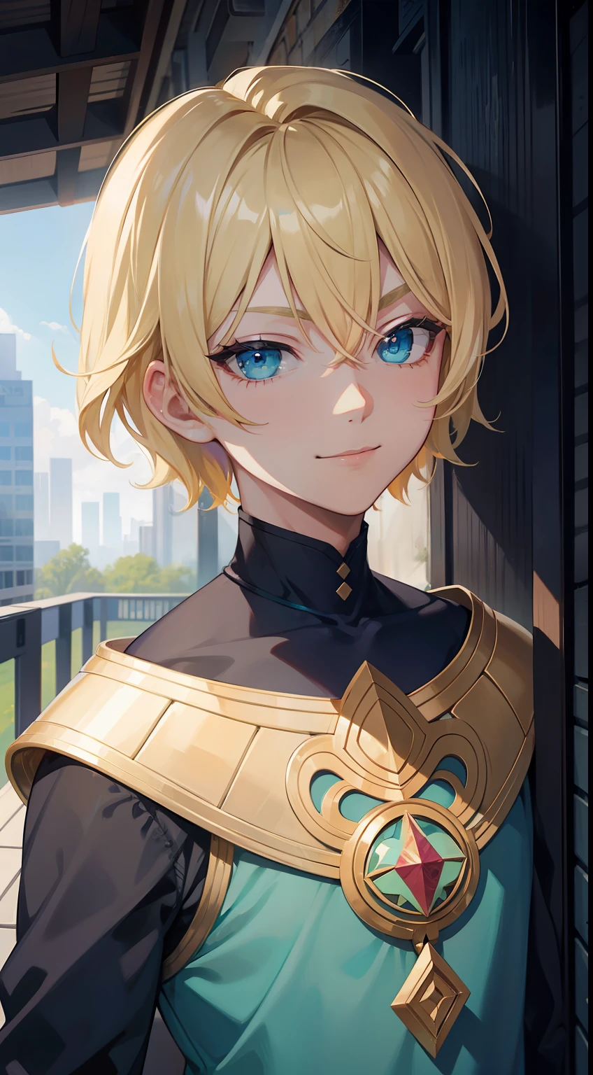 Young guy, short blonde hair, Cyan eyes, Mysterio, smirk, Masterpiece, hiquality