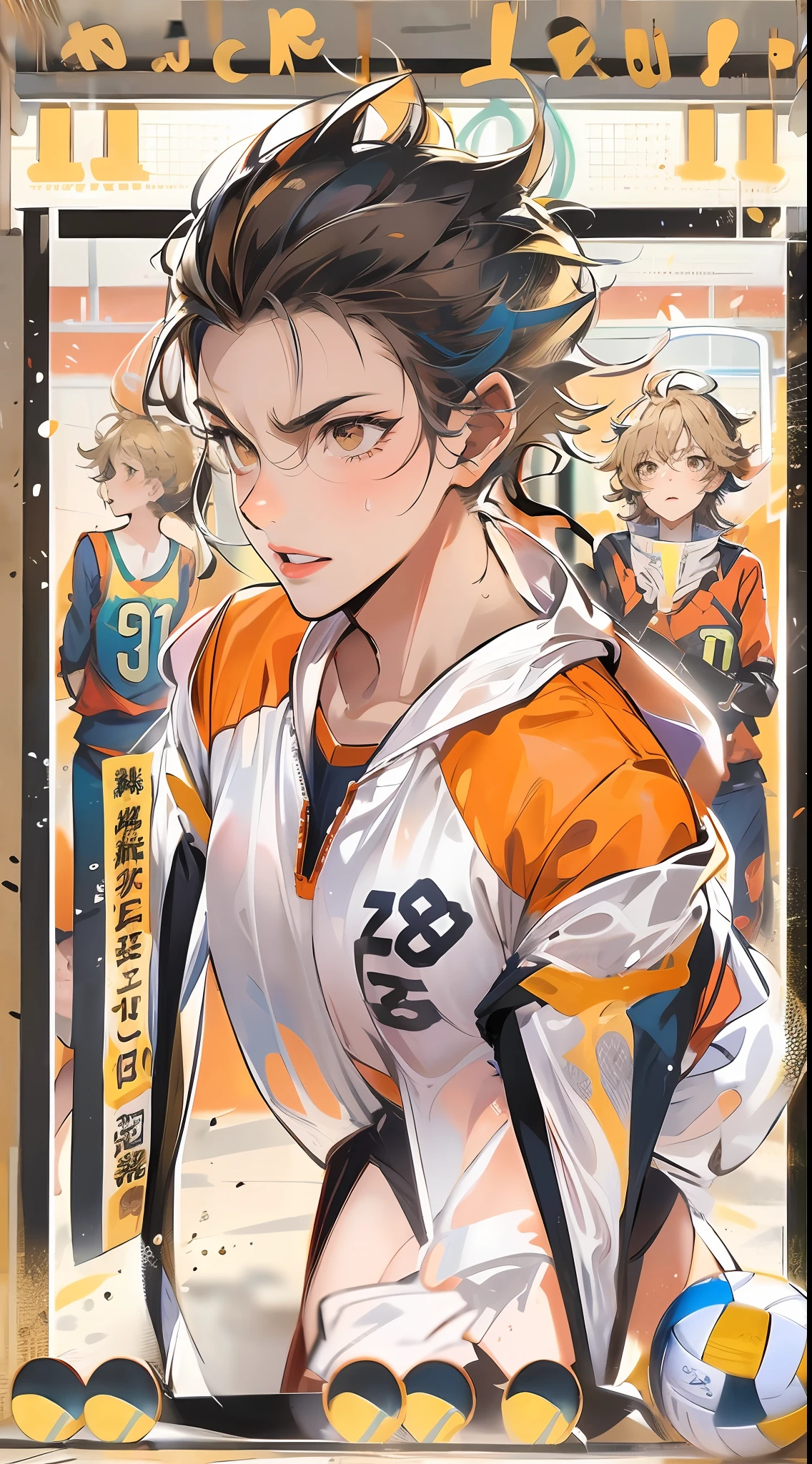 Nishinoya Yu ,独奏,1boys,tmasterpiece,best qualityer,((1人))。((Older),Haihisa!!nishinoya_Yuu high resolution,Ball black_hair (blonde_hair) brown_eyes clothes_writing,Feather footprints karasuno_volleyball_uniform male_focus multicolored_hair orange_shirt parted_lips playing_Sports shirt short_Hair solo (streaked_hair) Sweat two tones_hair upper_Body volleyball (volleyball_uniform) (volleyball field)