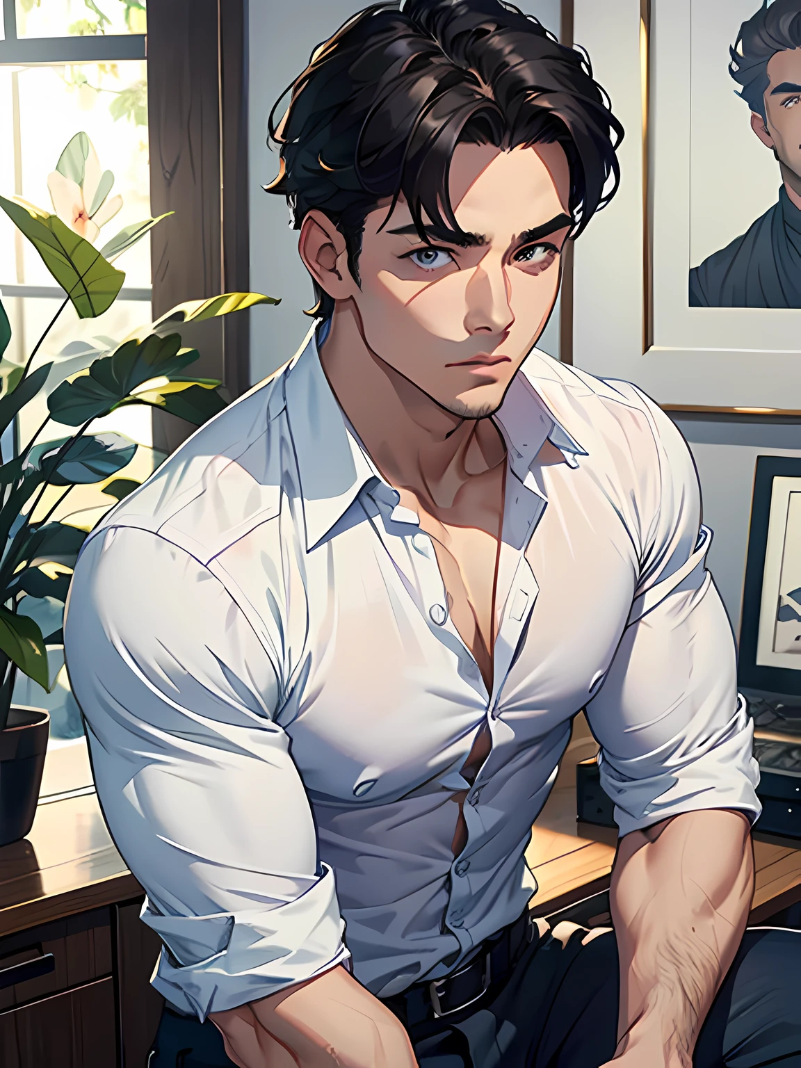 male people，Beautiful boy，muscle men，solo person，Works of masters，Best image quality，Higher quality，high detal，超高分辨率，8K分辨率，bust，white  shirt