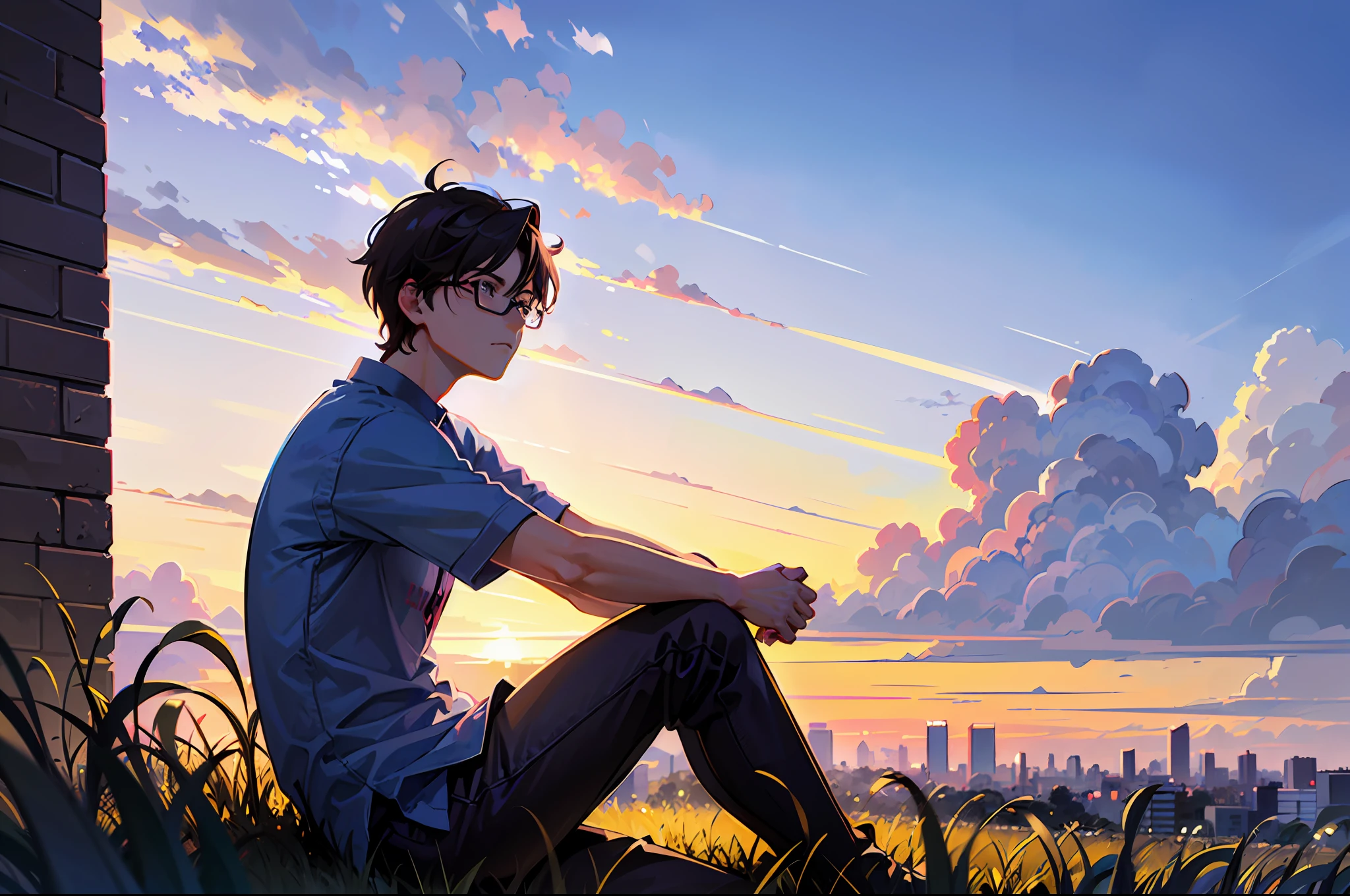 a college boy with glasses sitting on wide grass field, blue shirt, side view, evening sky, city scape, sad face, tired, lofi portrait, digital anime illustration, detailed digital anime art, high quality anime artstyle
