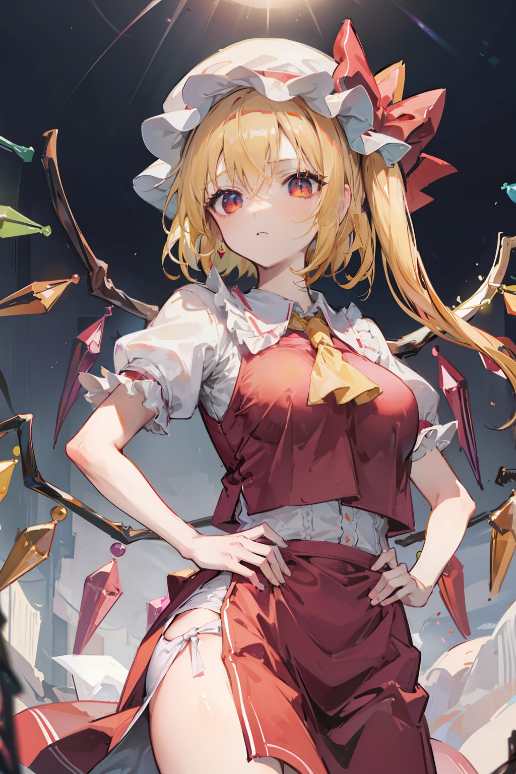 (masterpiece),best quality, expressive eyes, perfect face, 1girl,
big breast, H-cup, good breast, beautiful, gorgeous,anime,girl,lora, floating clothes, tent chest ,
hands on waist, hands on hips, visible  though clothes,flandre scarlet,
1girl,blonde hair,mob cap,hair bow,bowtie,side ponytail,wings,short sleeves,vest,ascot,2wings