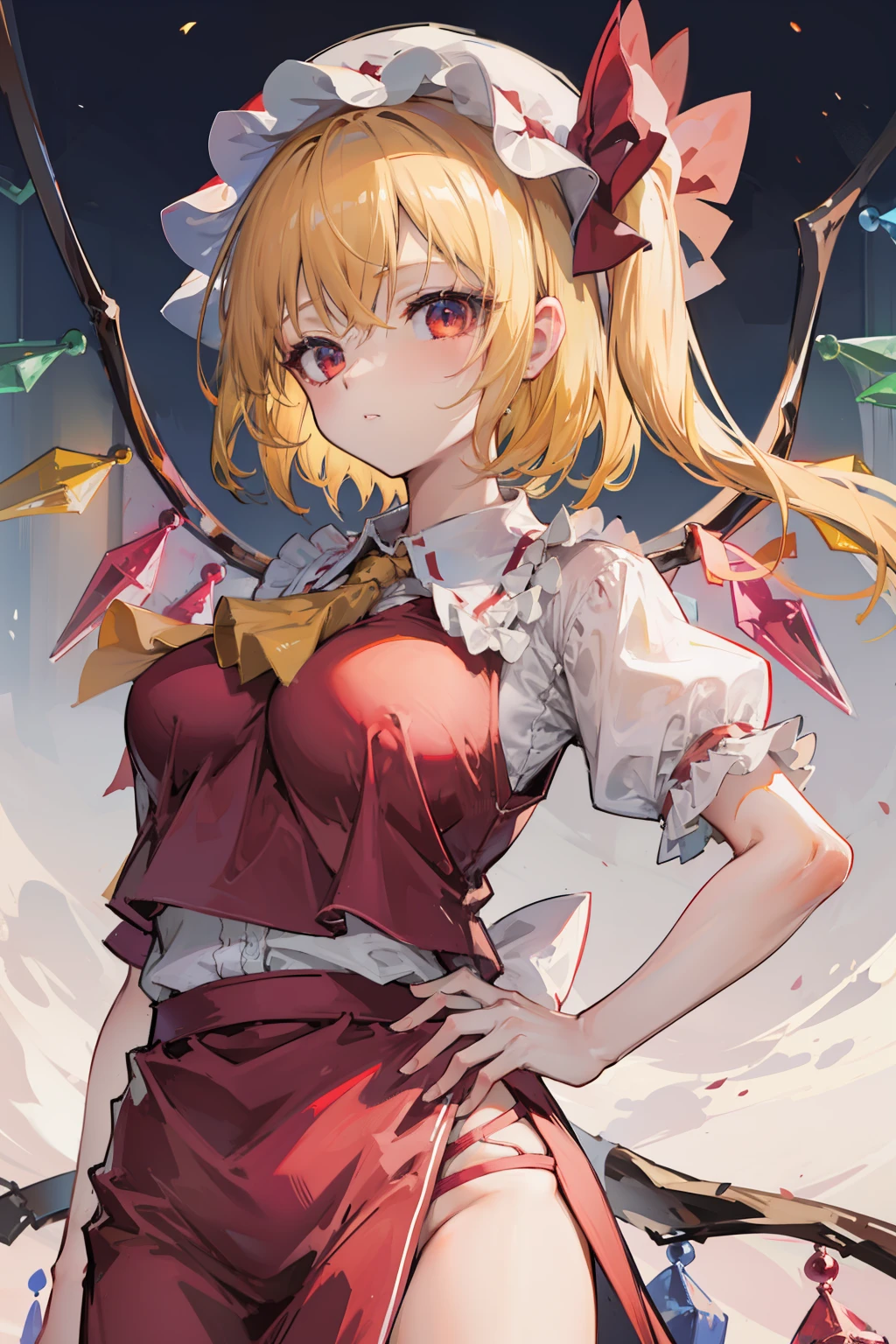 (masterpiece),best quality, expressive eyes, perfect face, 1girl,
big breast, H-cup, good breast, beautiful, gorgeous,anime,girl,lora, floating clothes, tent chest ,
hands on waist, hands on hips, visible  though clothes,flandre scarlet,
1girl,blonde hair,mob cap,hair bow,bowtie,side ponytail,wings,short sleeves,vest,ascot,2wings