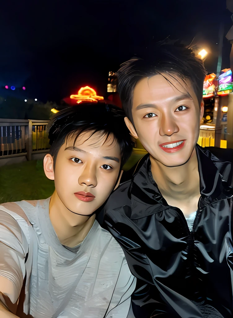 (Chinese handsome:1.5),Two men at an amusement park,the night,masculine pose,realistic detail, photograph of-realistic,textureskin,looking to the camera,18-year-old boy,Studio,