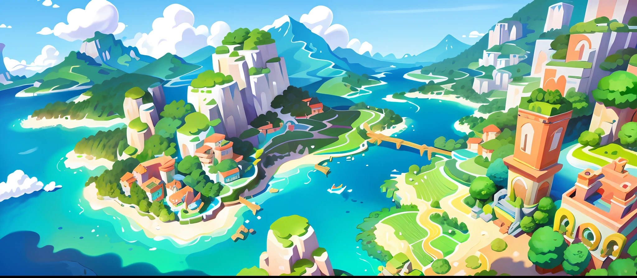tmasterpiece, Best quality at best,low-saturation,Cartoony,buliding,small town,mountain ranges,moutains,highways,The Car,sandbox,the trees, Eau,sea beach,Clouds, Cloud shadow, pixar-style,scientific fiction, Turquoise and coral,