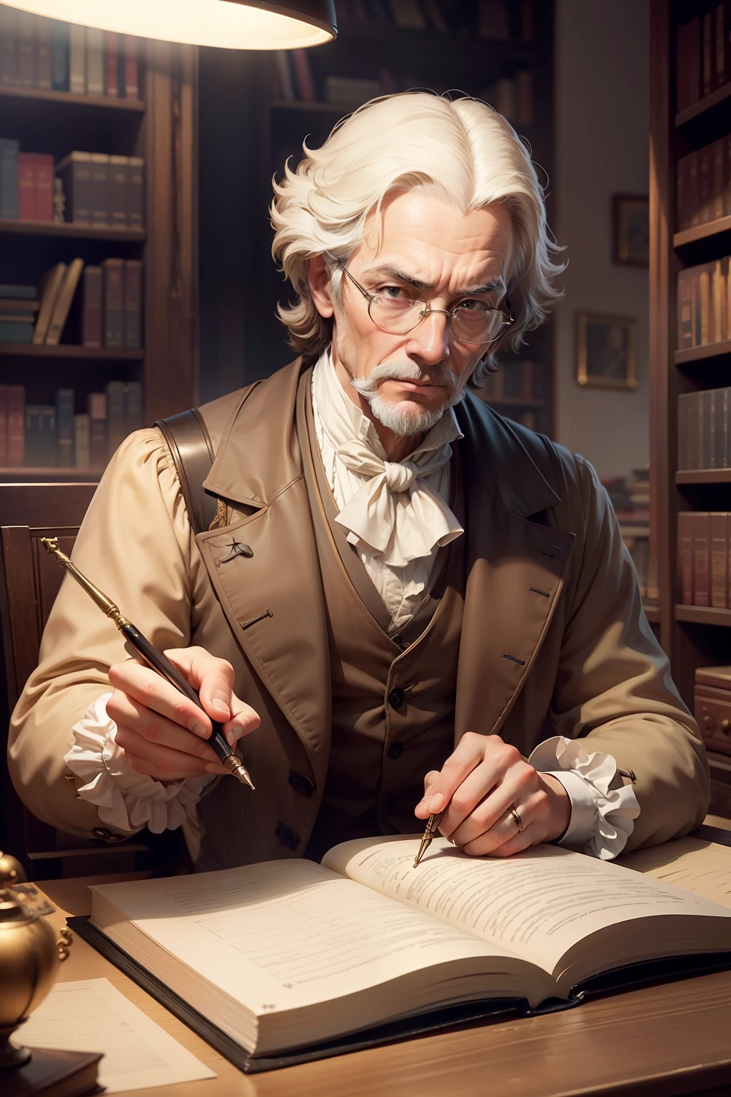 Create a vectorized persona for an influential Enlightenment thinker.
Description: Design an image of a philosopher dressed in typical 18th-century attire, with a serious expression and a quill in hand, symbolizing their role as a prolific writer. Highlight elements such as old books, an inkwell with a quill, and perhaps a library environment in the background to convey the spirit of the Enlightenment