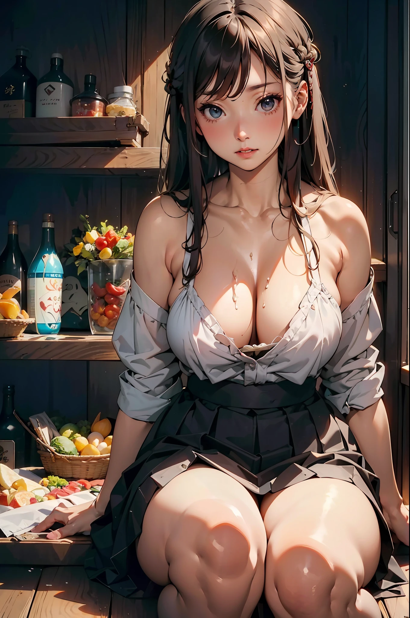 Best quality at best，80shair masterpiece，Fine fine skin，woman，whaite hair，looking toward the viewer，food，lewd juice，Metanay，Vintage fridge，Dark light，a warm color palette，Look for food in the fridge,电影灯光，