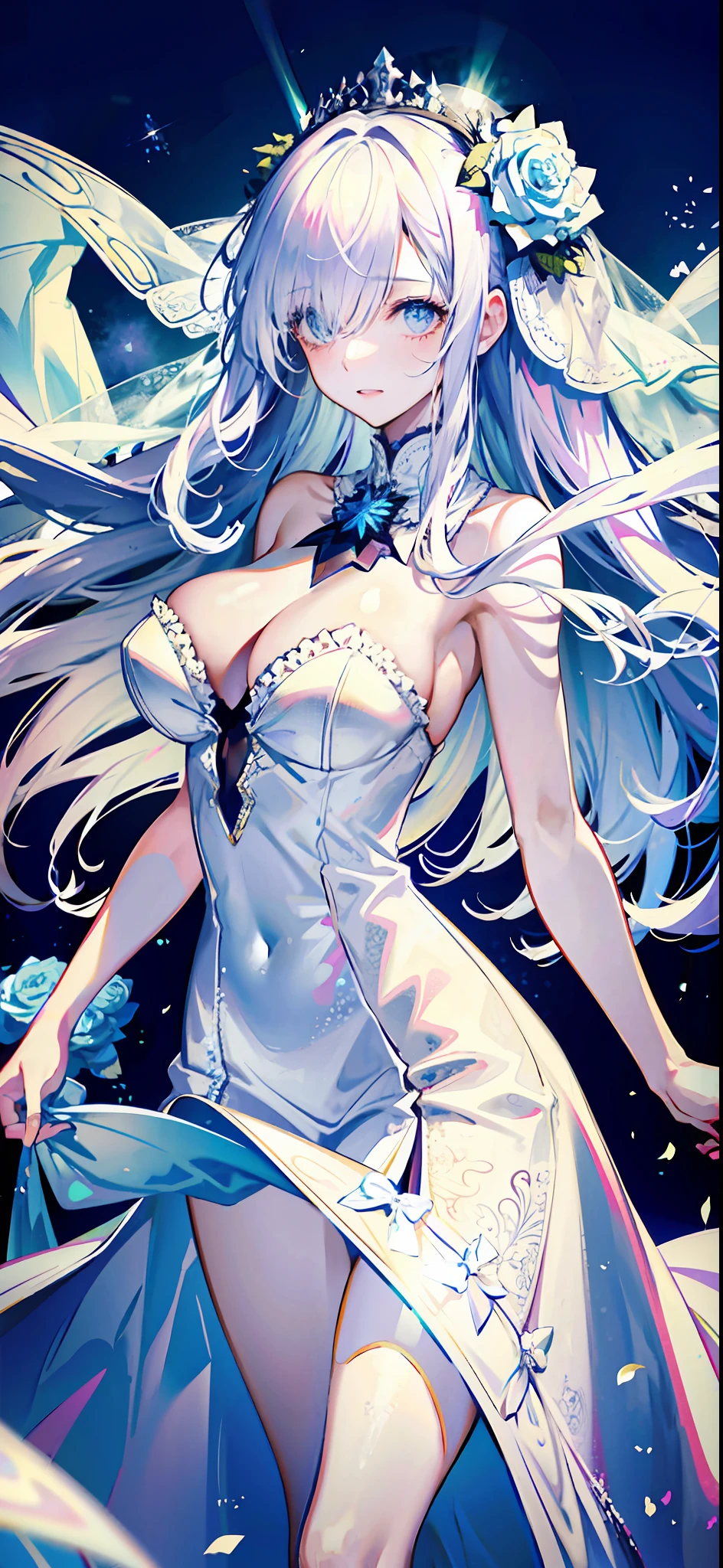 silber hair,butterflys,long whitr hair,white wedding gown,8k wallpaper,detailedbackground,Highest high resolution,deep v big breasts,Hair covers one eye,Bandeau wedding dress,chies,White rose,tight-fitting,chies,In the daytime,