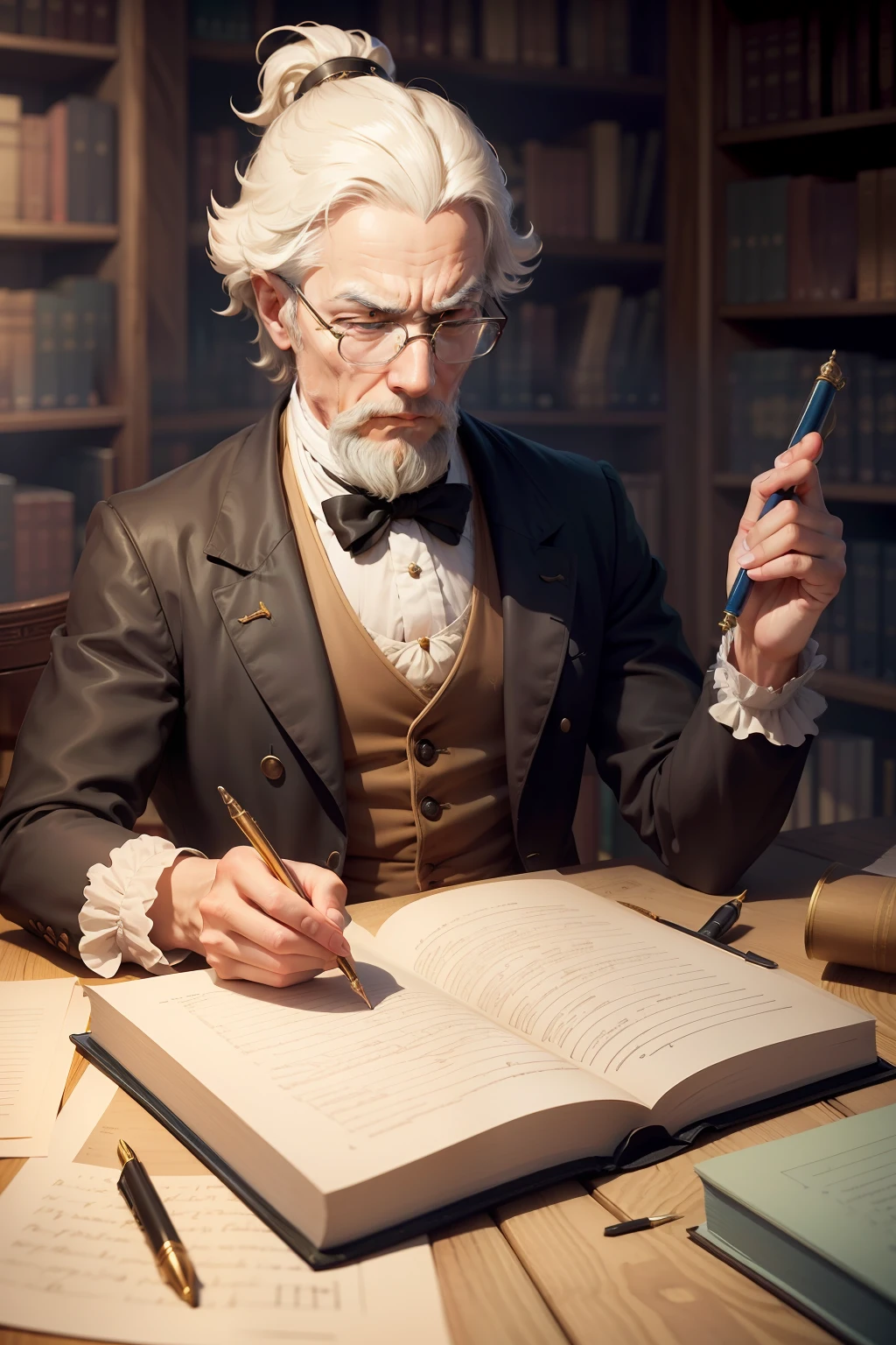 Create a vectorized persona for an influential Enlightenment thinker.
Description: Design an image of a philosopher dressed in typical 18th-century attire, with a serious expression and a quill in hand, symbolizing their role as a prolific writer. Highlight elements such as old books, an inkwell with a quill, and perhaps a library environment in the background to convey the spirit of the Enlightenment