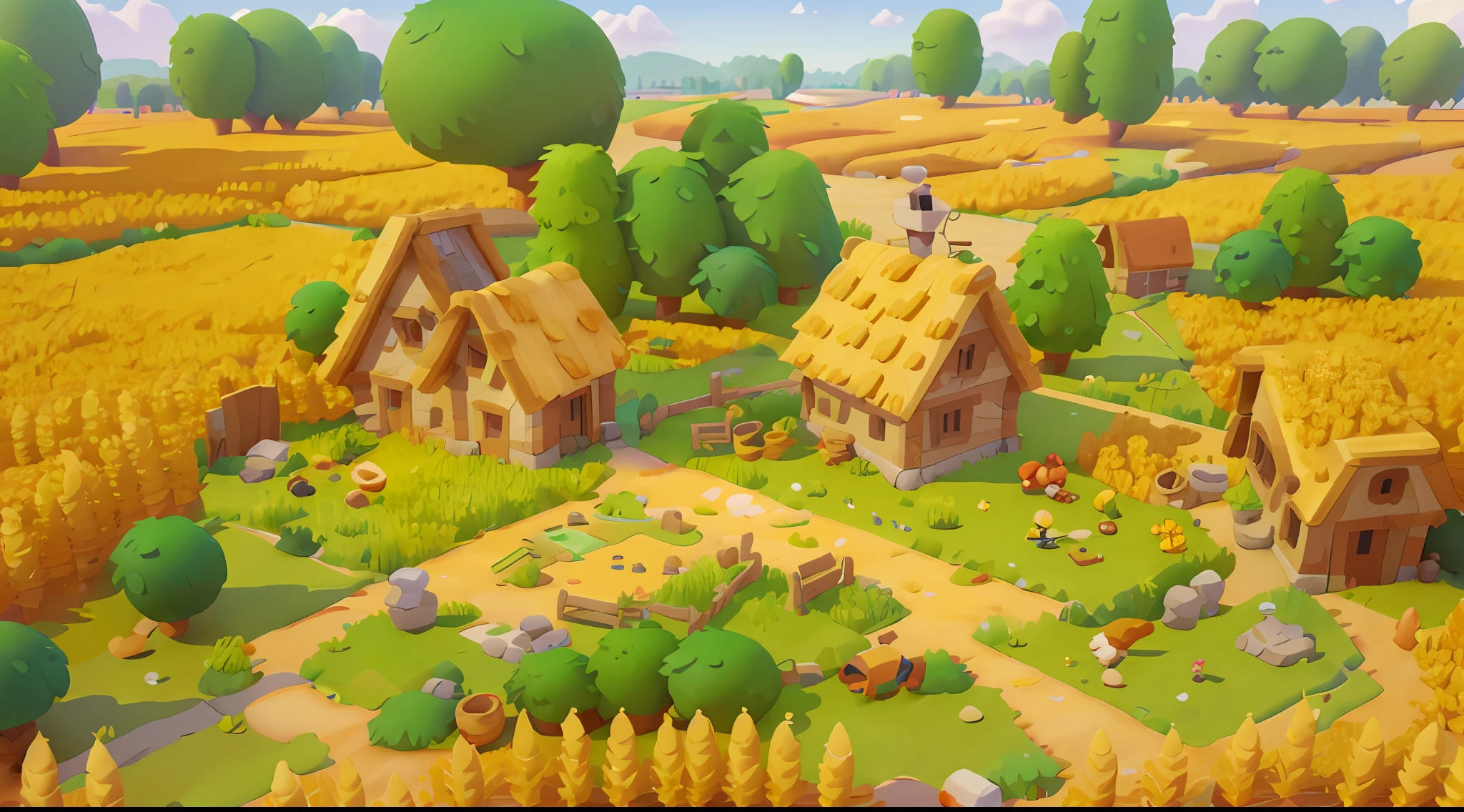 game architecture design, farm, cartoon, a large wheat field, farm, stone, grass, vegetable, wheat, trees, animals, casual play style, 3d, masterpiece, super detail, local, best quality