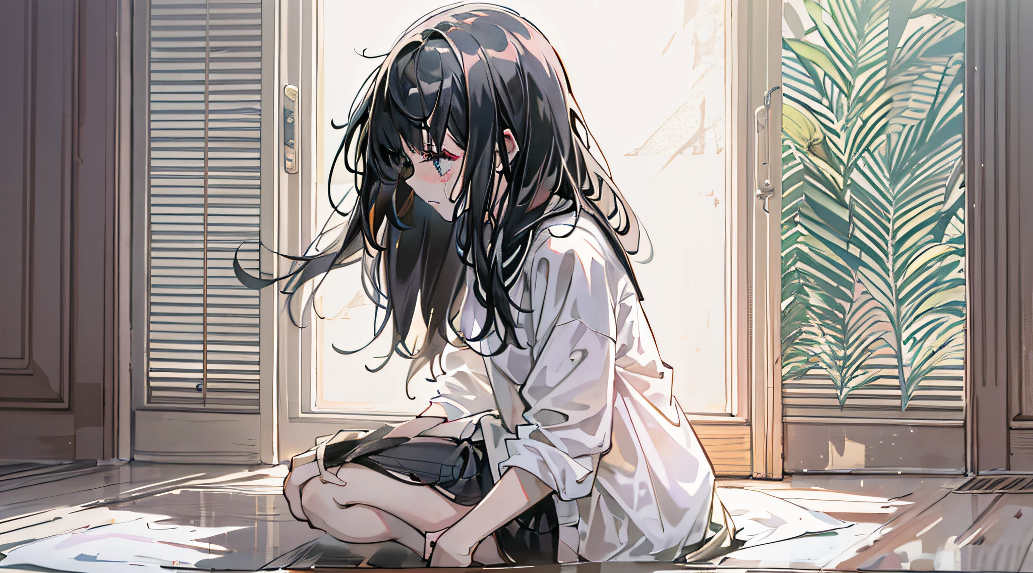 The girl is squatting in the corner，weeping，cabelos preto e longos，White color blouse，Masterpiece floating hair，8k