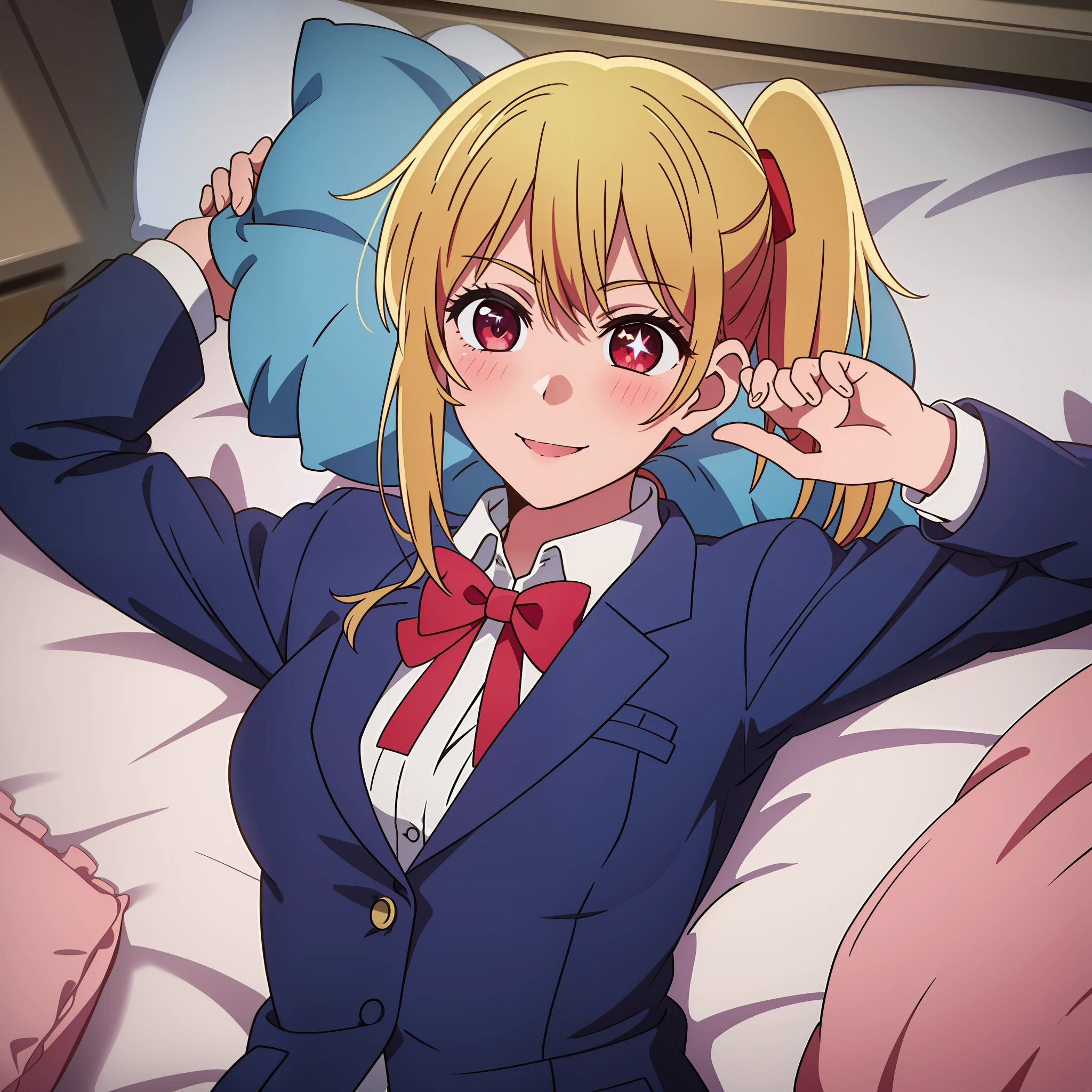 masterpiece, high quality, highres, 1girl, solo,
ChopioRuby, red eyes, blonde hair, long hair, side ponytails, sidelocks, (mismatched pupils, star-shaped pupils), (looking at viewer:1), (blush:1),
seductive smile, large breasts, bedroom, pillow, bed, bed sheet, on bed, (on back, from above:1), head on pillow,
school uniform, uniform2, shirt, bow, jacket, white shirt, collared shirt, bowtie, red bow, blazer, blue jacket, black skirt, one hand above head, seductive pose,