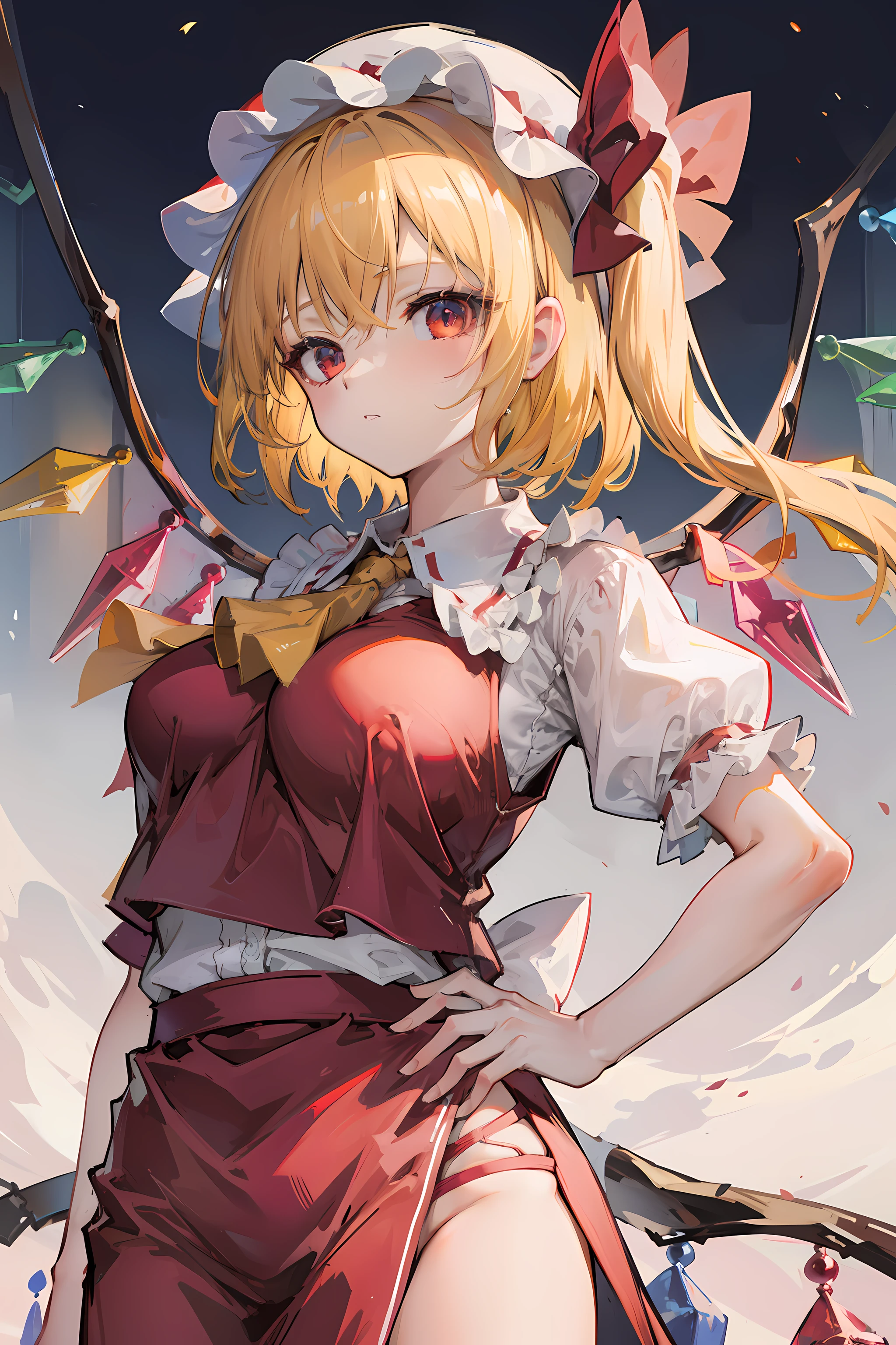 (masterpiece),best quality, expressive eyes, perfect face, 1girl,
big breast, H-cup, good breast, beautiful, gorgeous,anime,girl,lora, floating clothes, tent chest ,
hands on waist, hands on hips, visible  though clothes,flandre scarlet,
1girl,blonde hair,mob cap,hair bow,bowtie,side ponytail,wings,short sleeves,vest,ascot,2wings