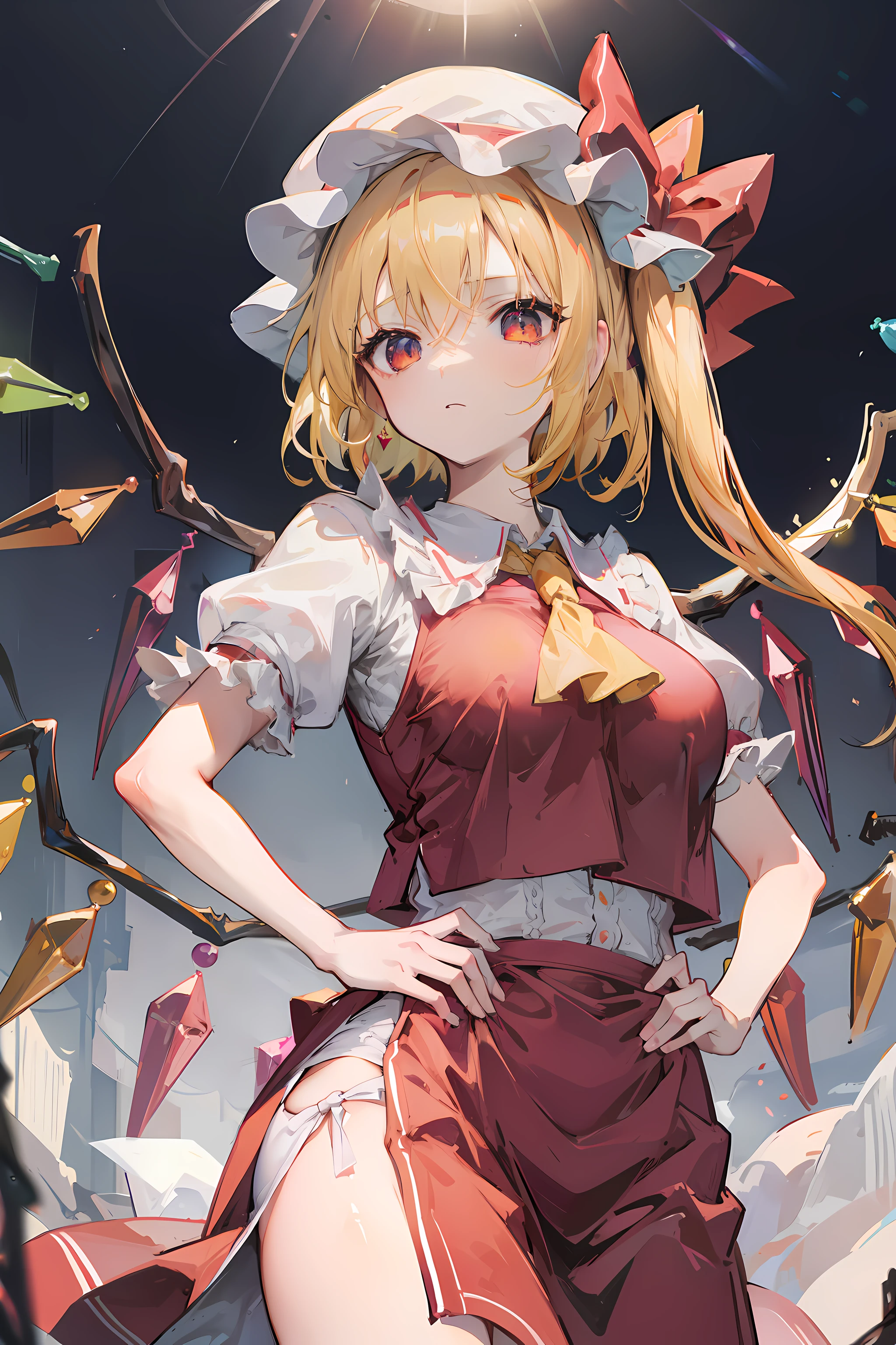 (masterpiece),best quality, expressive eyes, perfect face, 1girl,
big breast, H-cup, good breast, beautiful, gorgeous,anime,girl,lora, floating clothes, tent chest ,
hands on waist, hands on hips, visible though clothes,flandre scarlet,
1girl,blonde hair,mob cap,hair bow,bowtie,side ponytail,wings,short sleeves,vest,ascot,2wings