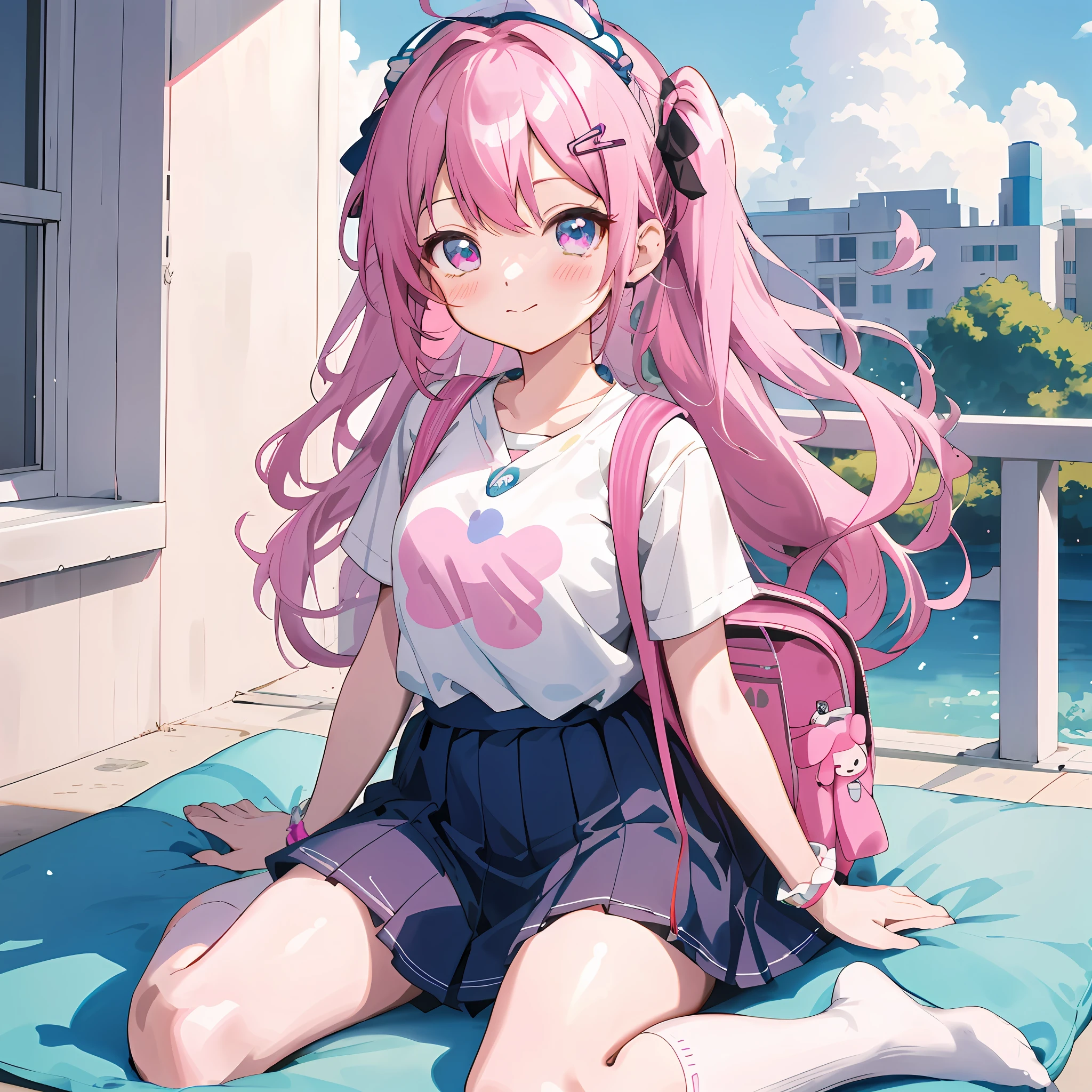 Anime girl sitting on cushion，Carrying backpacks and backpacks, pink twintail hair and cyan eyes, Cute anime girl, style of anime4 K, pretty anime girl, anime moe art style, up of young anime girl, Beautiful anime girl, anime visual of a cute girl, Best anime 4k konachan wallpaper, An anime girl, Kawaii realistic portrait