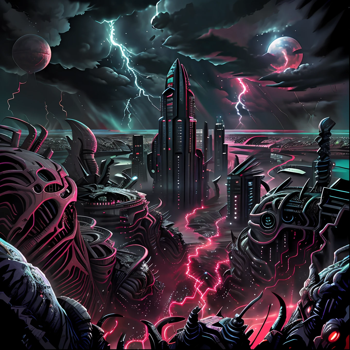 view from the top of the peak. Biomechanical downtown of madness. Apocalypse storming in the sky. Horror art. Unreal Engine, UHD, sketch color painting. Intricated details, masterpiece painting.