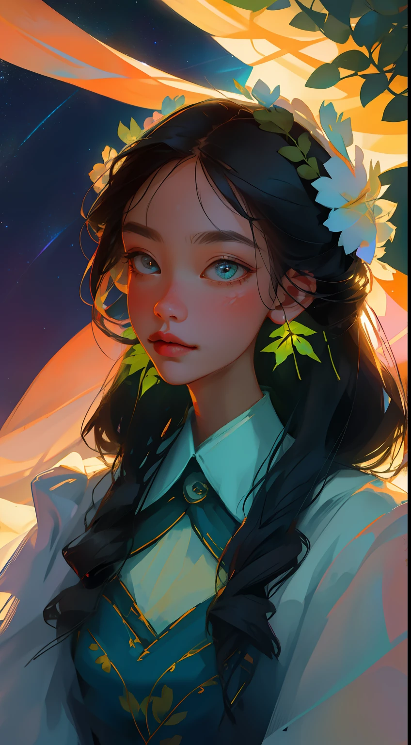 tmasterpiece,  hiquality,  A guy and a girl holding hands, Ukrainian symbols, Ukrainian national costumes, Boho style,in transparent,   neon garland, Night, neon lights, romance, happiness, Love,Lovers, holiday, Plants, a starry sky, Galaxy, There is magic all around them, magic, Flowers, fern, Beautiful sunset, merriment, Floral arrangements,  wreaths of flowers on the head, woods, Flower glade, willow, willow willow trees, 8k, Colorful, full color drawing,